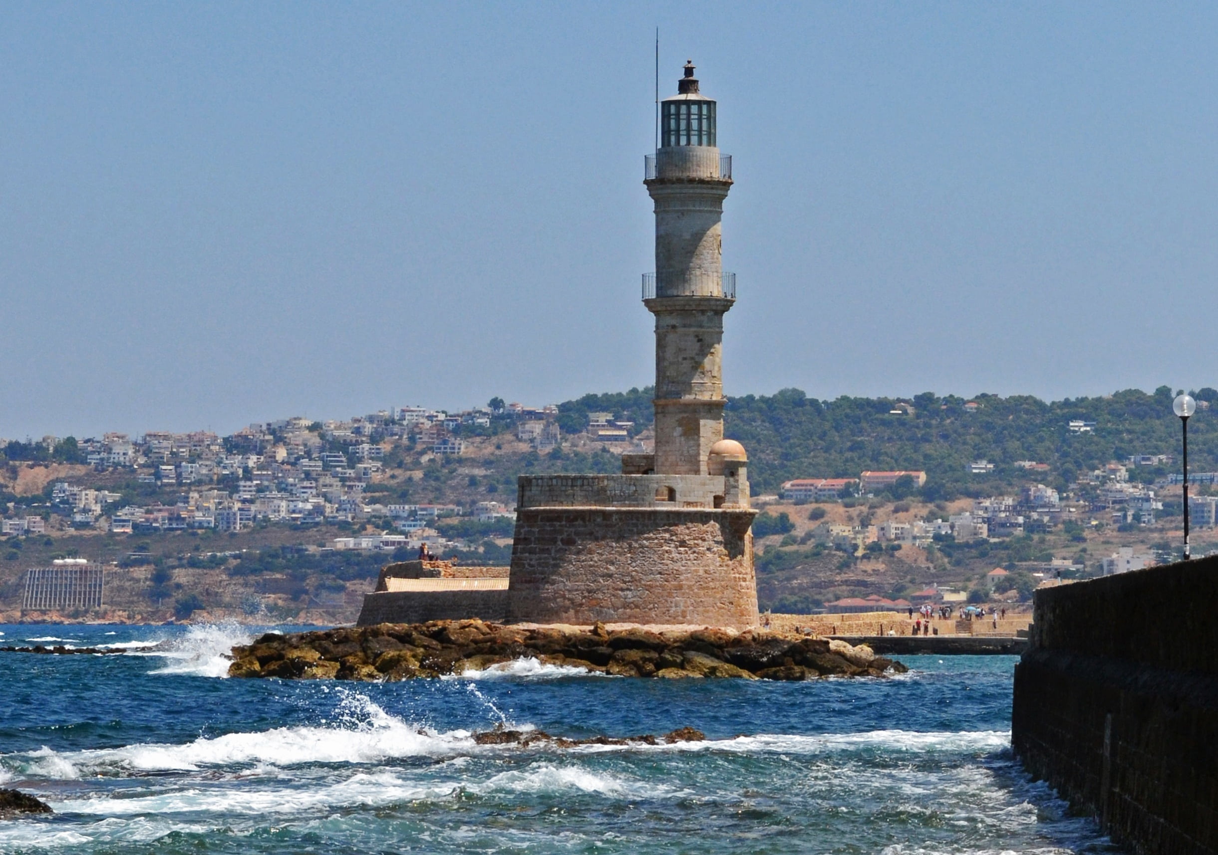 chania, building exterior, greece, coast, 1080P, the past, water, travel destinations, beacon, wave, coastline, motion, building, sky, no people, sea, HD Wallpaper
