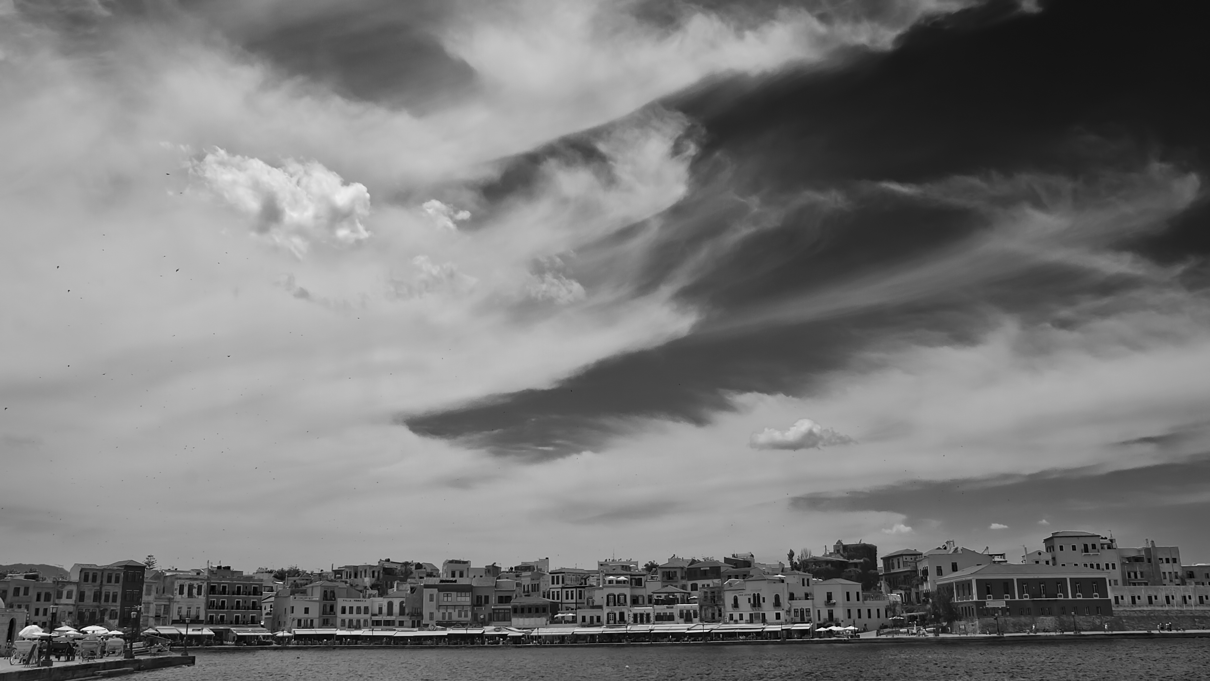 building exterior, city life, architecture, overcast, outdoors, summer vacation, residential district, waterfront, landscape, chania, black and white, building, HD Wallpaper