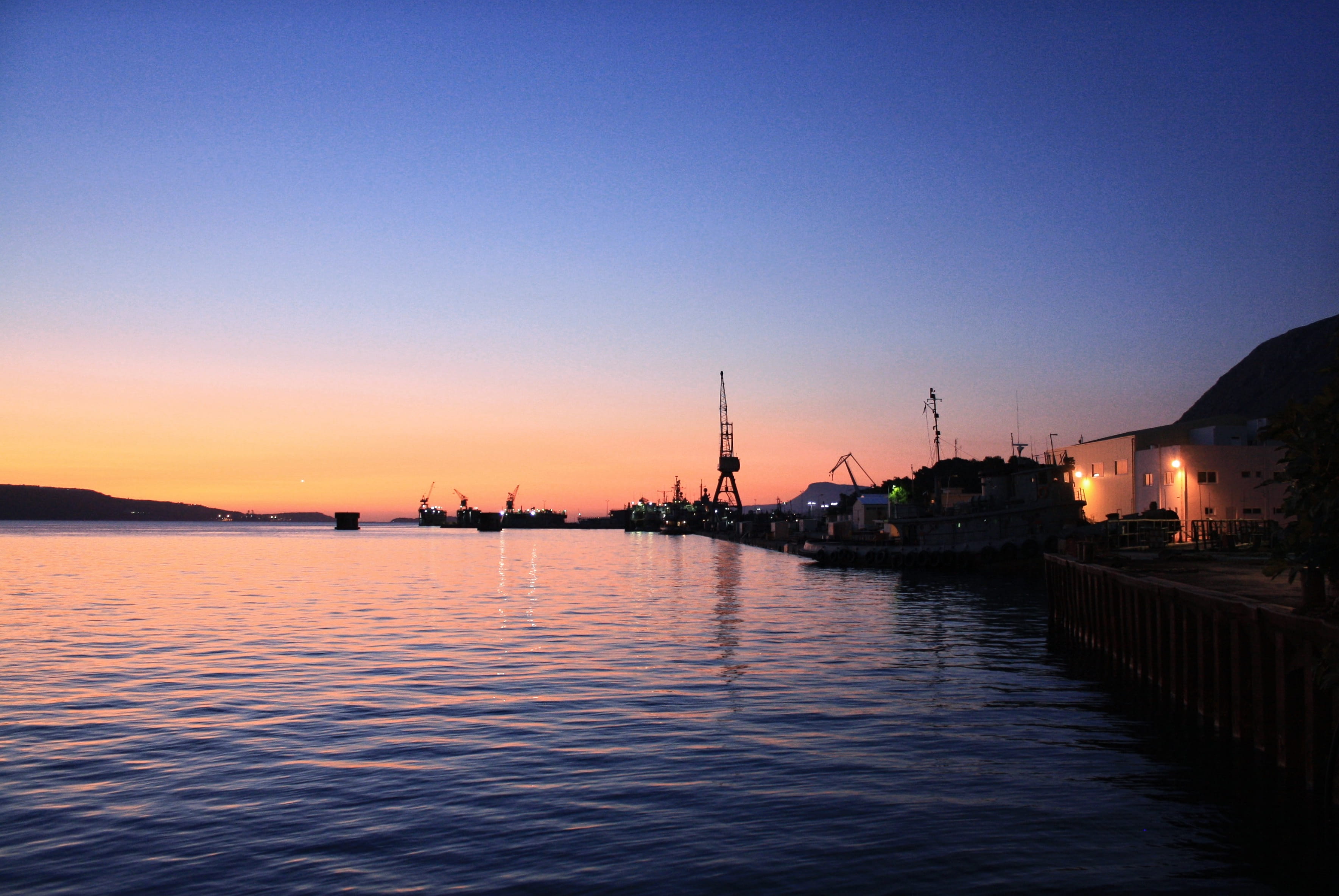 tranquil scene, creta, dusk, sunset, reflection, architecture, island, clear sky, sky, waterfront, 2K, nature, construction equipment, sea, transportation, HD Wallpaper