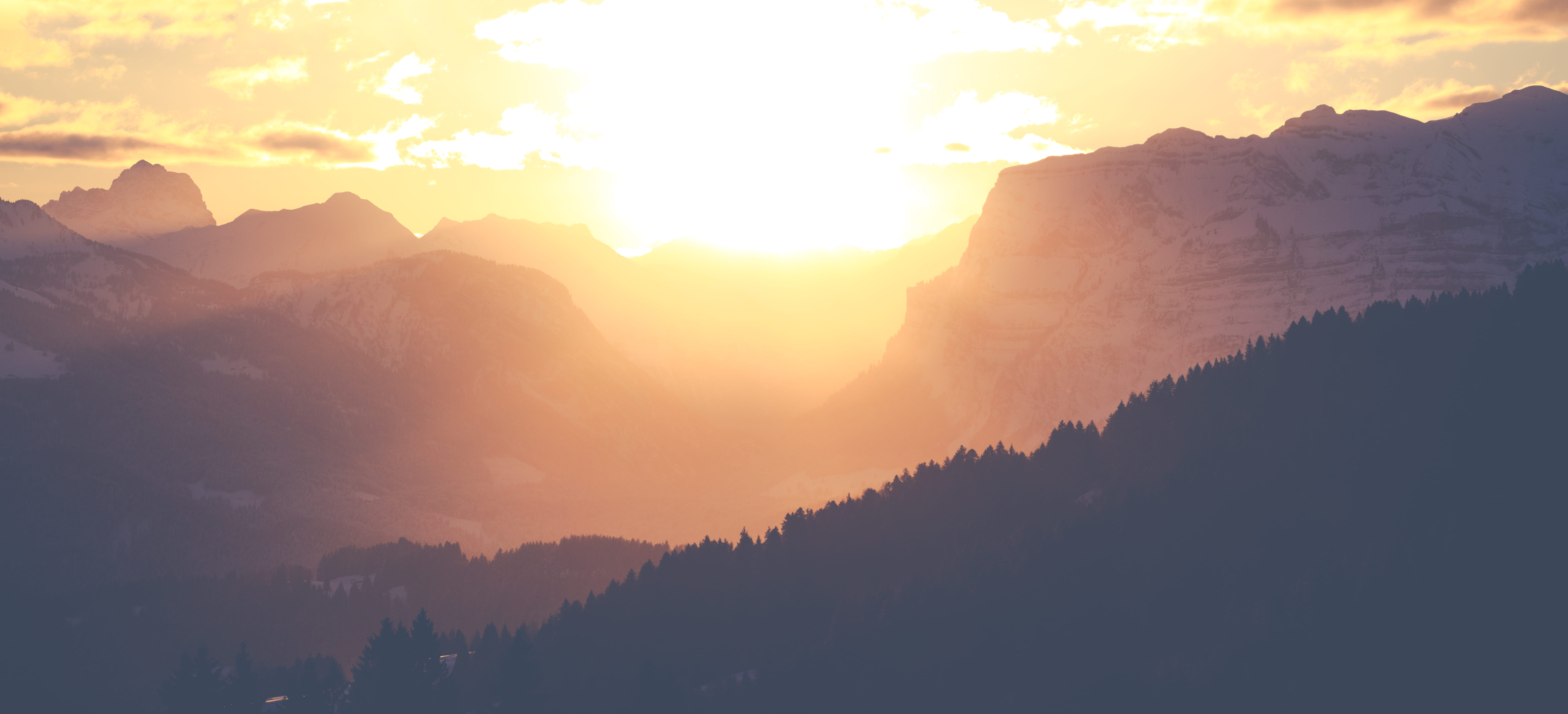 schwarzenberg, sunset, bödele, valley, tranquil scene, flood, sunlight, mountains, tranquility, austria, tree, mountain, majestic, golden hour, sunshine, HD Wallpaper