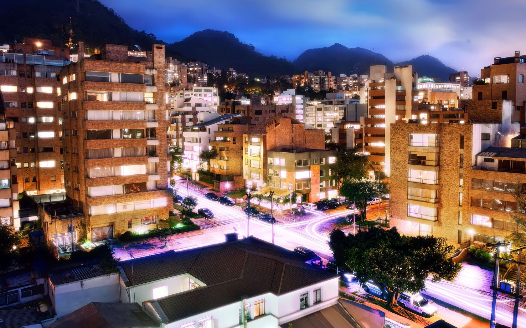 cityscape, Night, Traffic, high angle view, Road, residential district, sky, Bogota, tree, Colombia, city life, apartment, street, Building, office building exterior, HD Wallpaper