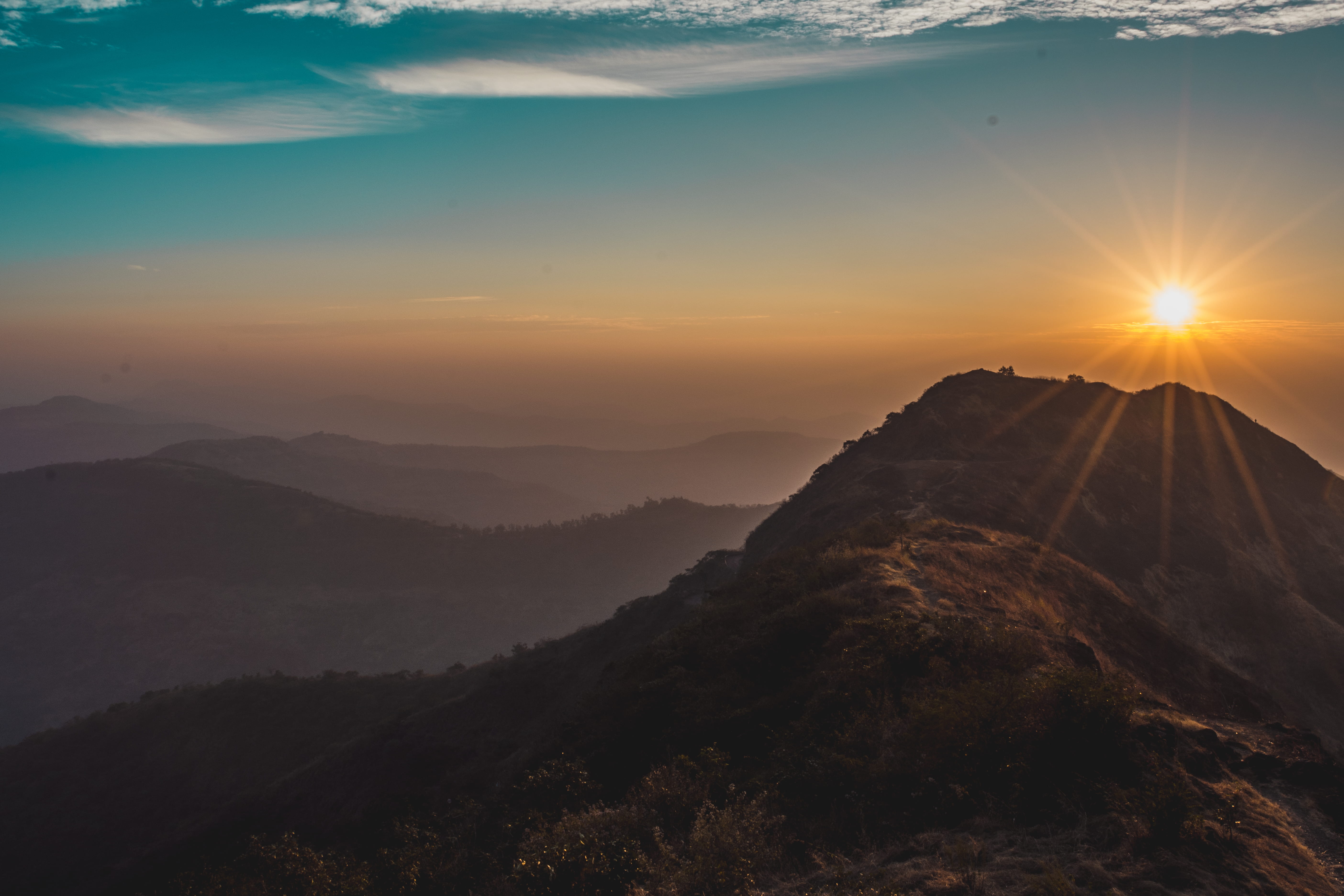 dawn, cloud - sky, beauty in nature, sunrise, photography, view, sunbeam, afterglow, blue sky, sky, valley, dusk, tranquil, wilderness, mountain range, HD Wallpaper
