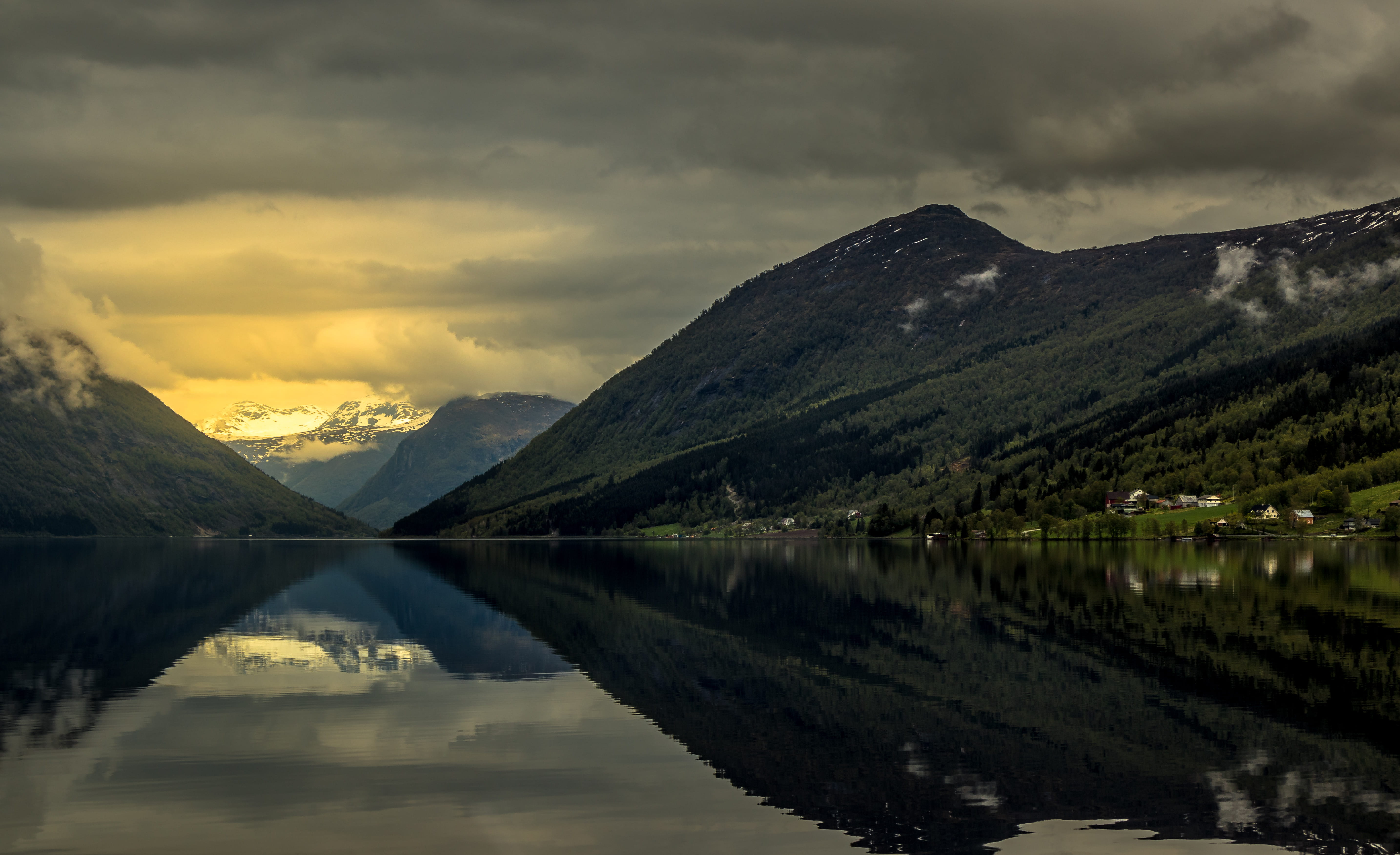 landscape, beautiful view, mountain peak, mountain, beauty in nature, sunset, dawn, dark clouds, outdoors, mirror lake, sky, idyllic, lake, tranquility, HD Wallpaper