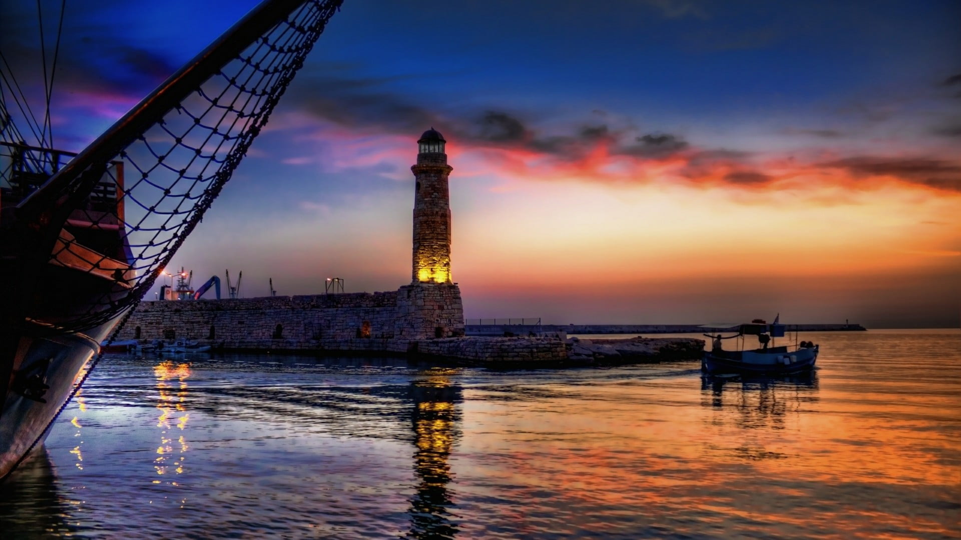 1080P, tower, transportation, sea, sky, building exterior, travel, venetian harbor, orange color, cloud - sky, outdoors, rethymno, reflection, built structure, HD Wallpaper