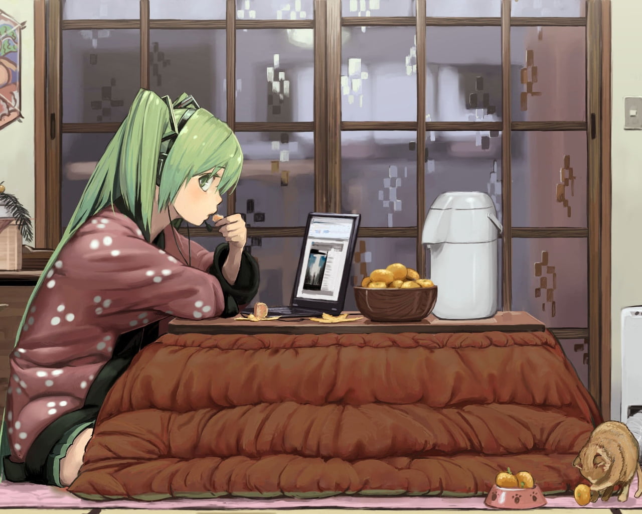 lifestyles, green, cat, vector, telephone, thermos, hatsune miku, glass - material, business, communication, food, 720P, table, home interior, japanese Culture, HD Wallpaper