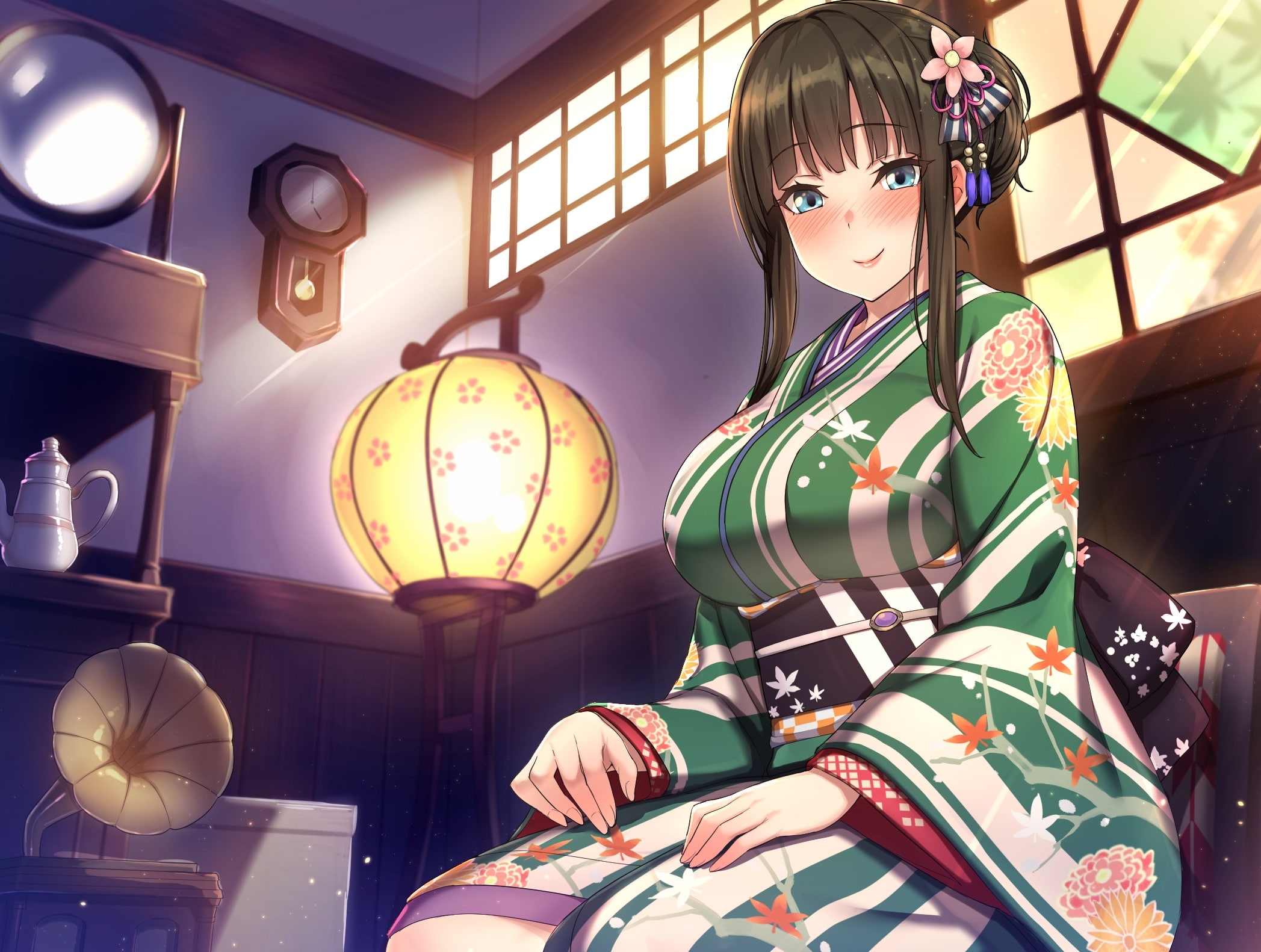 low angle view, brown hair, clock, anime girl, lighting equipment, indoors, 1080P, room, electric lamp, focus on foreground, illuminated, sunlight, day, HD Wallpaper