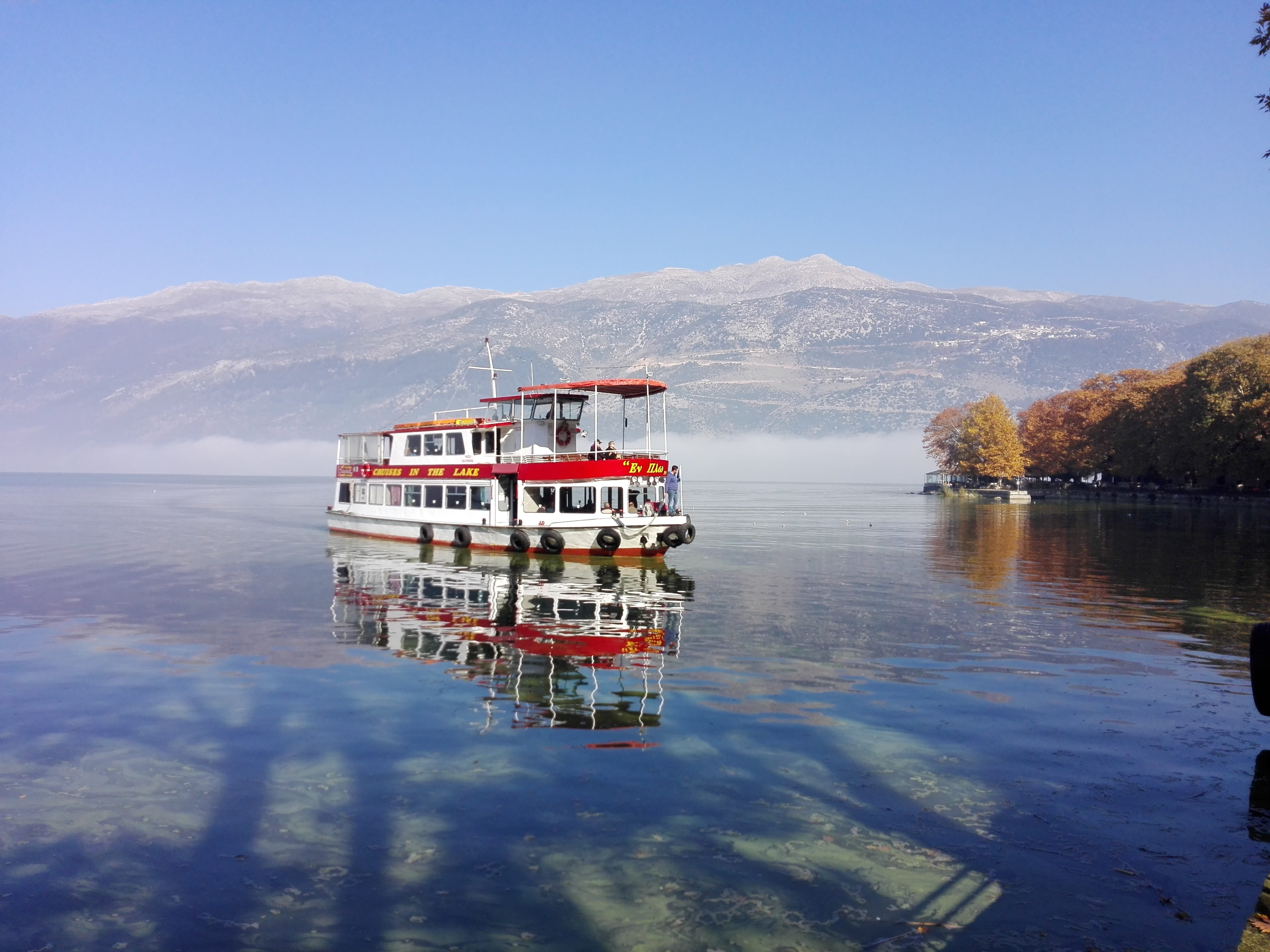 tranquility, mode of transportation, mountain, tree, 4K, floating on water, no people, mountain range, water, beauty in nature, outdoors, Boat, lake, ioannina, HD Wallpaper