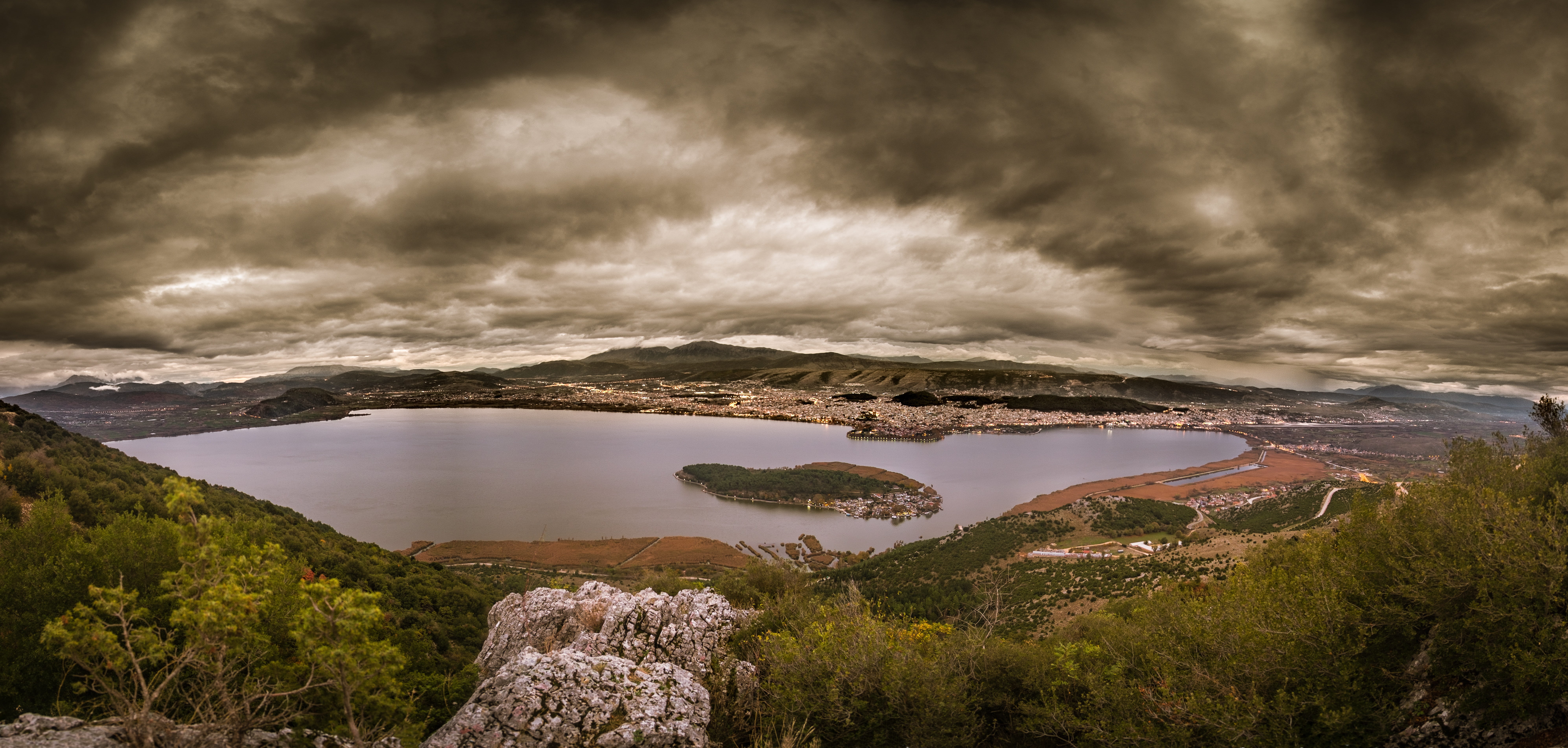 no people, ioannina, island, sky, clouds, city, scenics - nature, mountain, lake, 8K, outdoors, environment, cloud - sky, water, plant, tranquility, landscape, HD Wallpaper