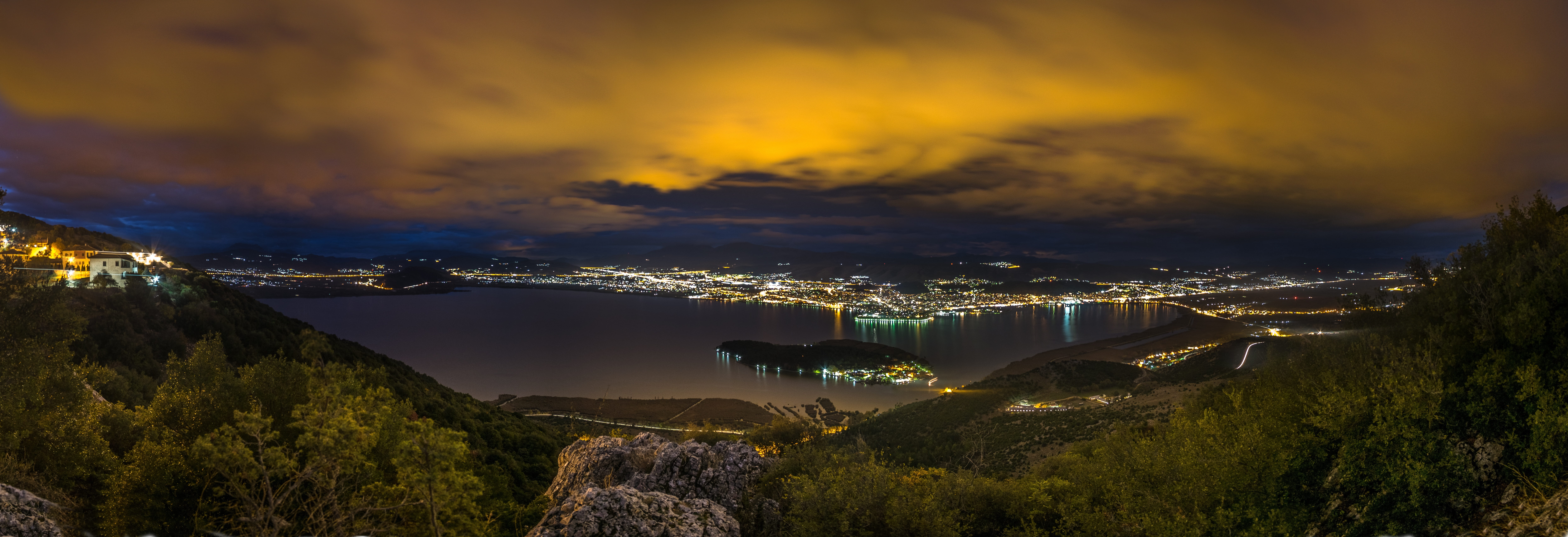 building exterior, lake, environment, scenics - nature, water, illuminated, island, clouds, nature, city, tranquility, sea, architecture, darkness, night, HD Wallpaper