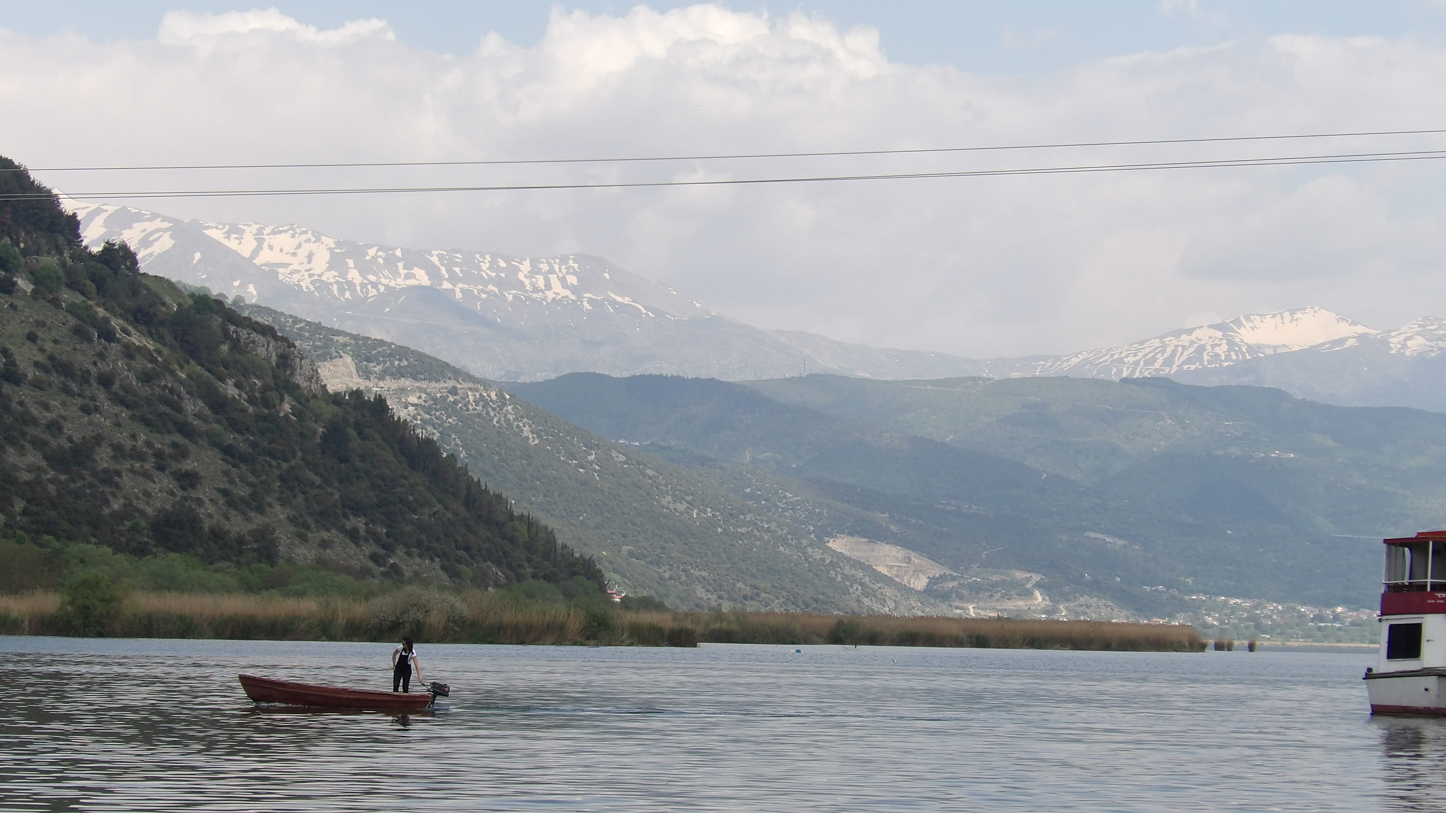 snowcapped mountain, mode of transportation, ioannina, cloud - sky, transportation, scenics - nature, tranquility, people, tranquil scene, greece, electricity, HD Wallpaper