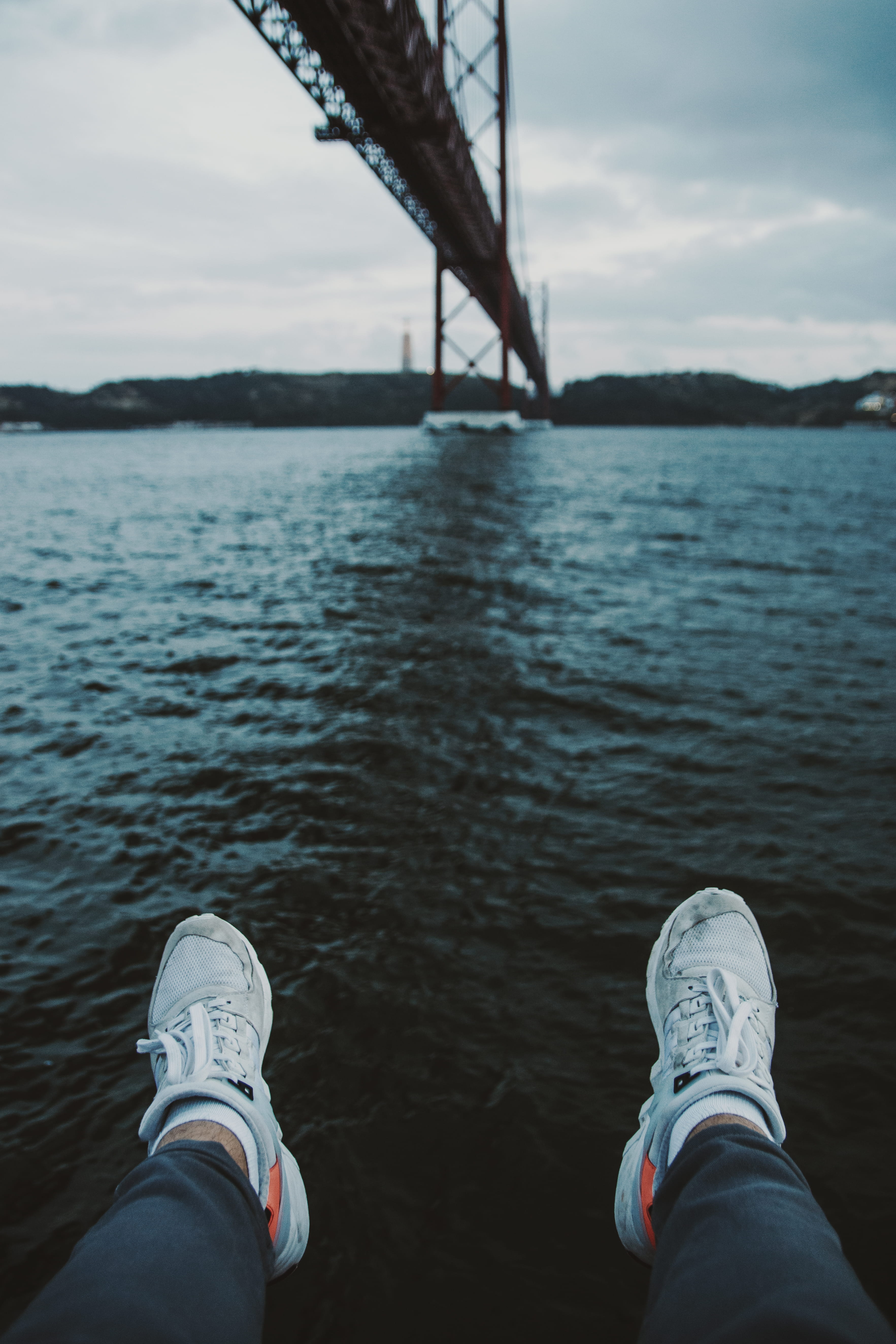 jeans, gate, human leg, sea, river, low section, outdoors, people, lifestyles, bay, sky, person, leisure activity, sunset, architecture, body part, bridge, Phone HD Wallpaper