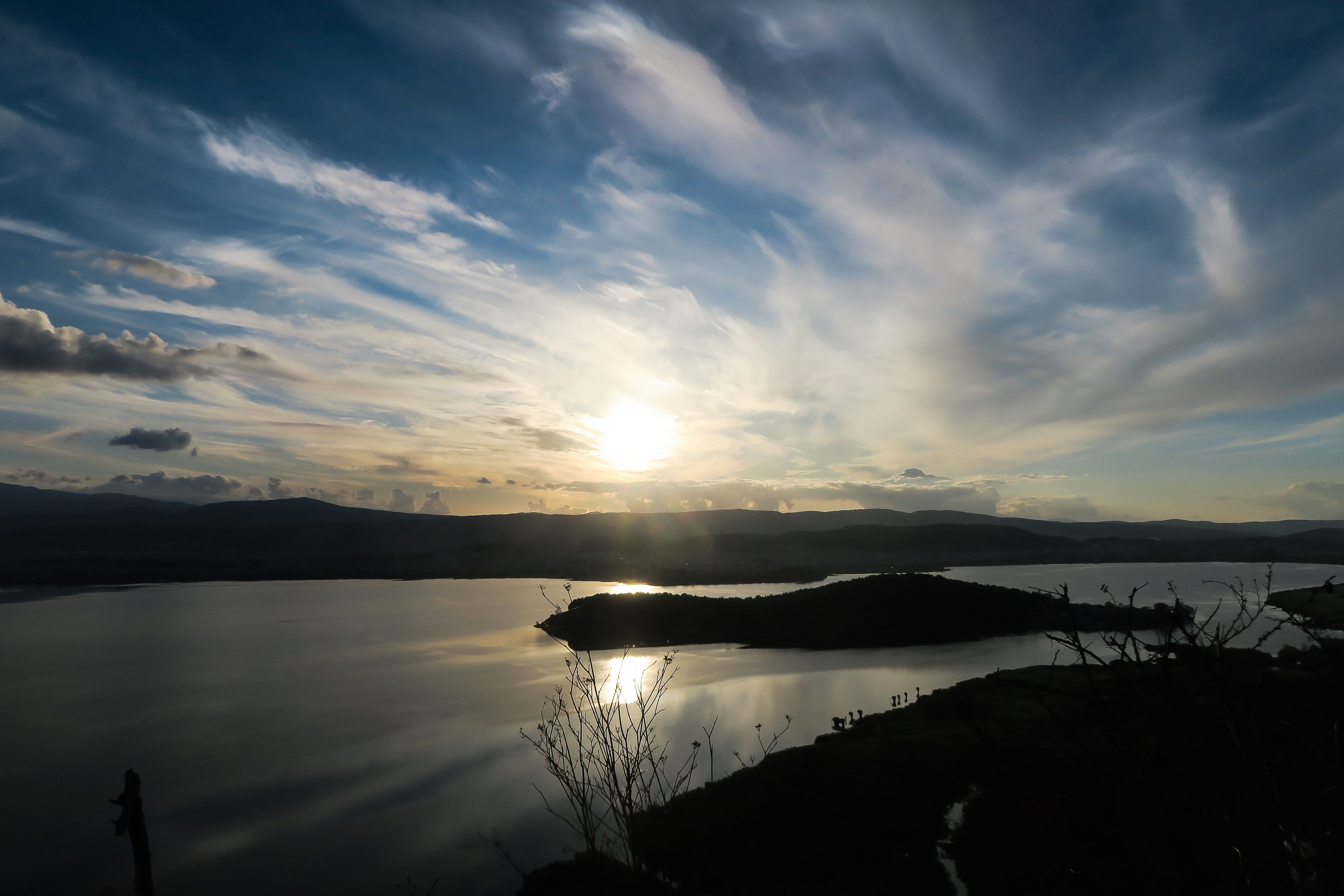 lake, sky, ioannina, trees, reflection, silhouette, lake pamvotis ioannina, mirror, travel, clouds, outdoors, lakes, 5K, tranquility, no people, island, HD Wallpaper