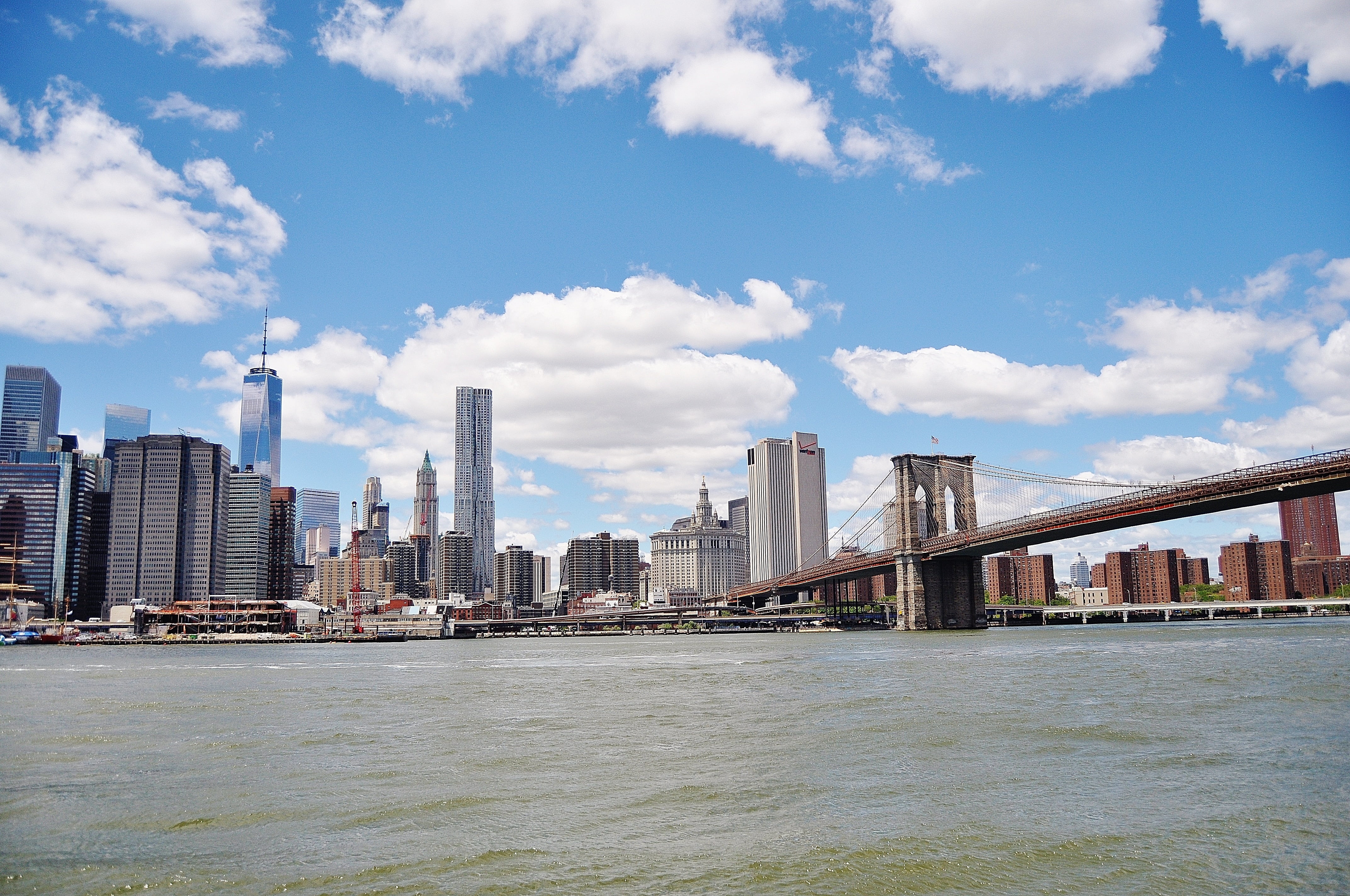 travel destinations, cloud - sky, famous Place, new York State, new york, architecture, brooklyn Bridge, skyscraper, manhattan, high, town, day, river, HD Wallpaper