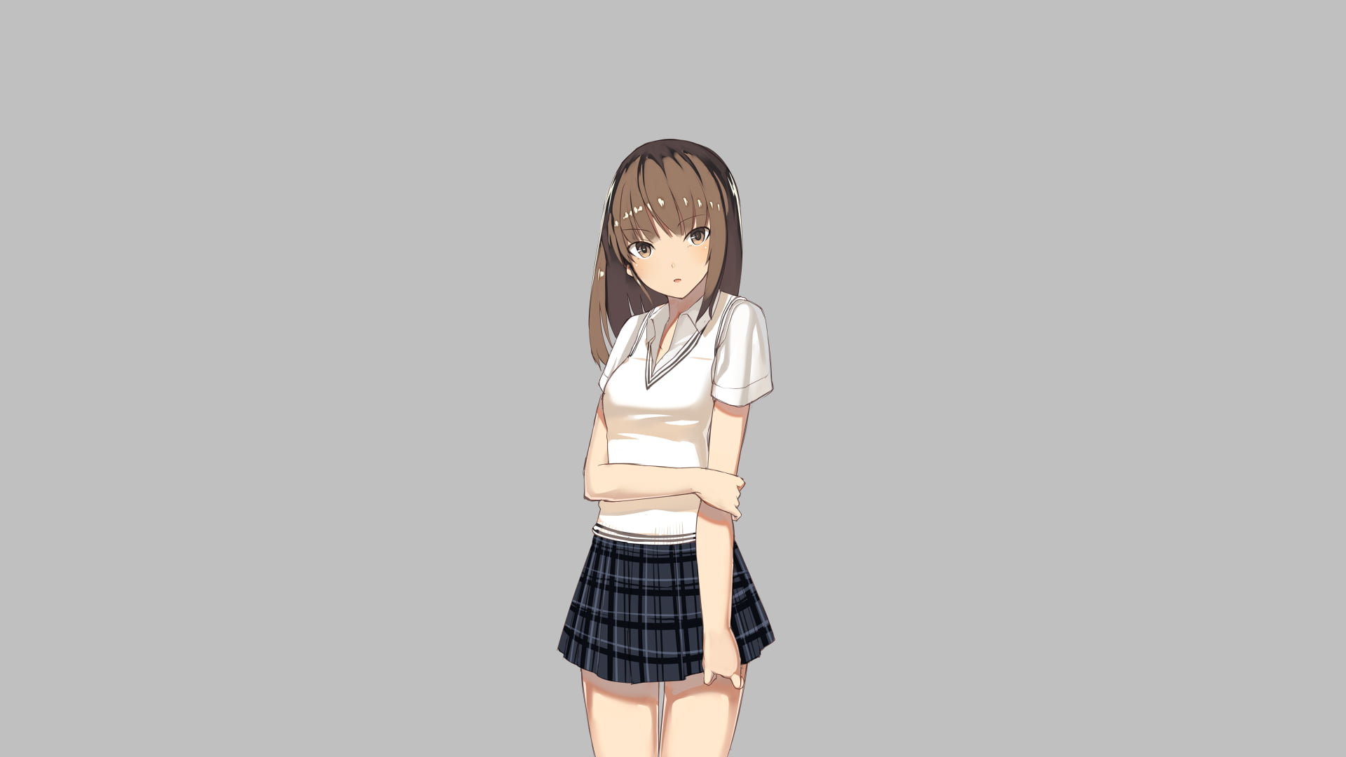 Kureha, anime, illustration, blushing, sweater, artwork, schoolgirl, gray background, 1080P, original characters, anime girls, simple background, brown eyes, HD Wallpaper