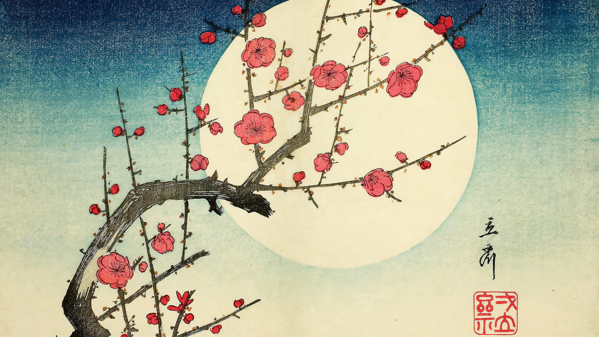 flowers, 1080P, traditional art, Japanese Art, woodblock print, Utagawa Hiroshige, HD Wallpaper