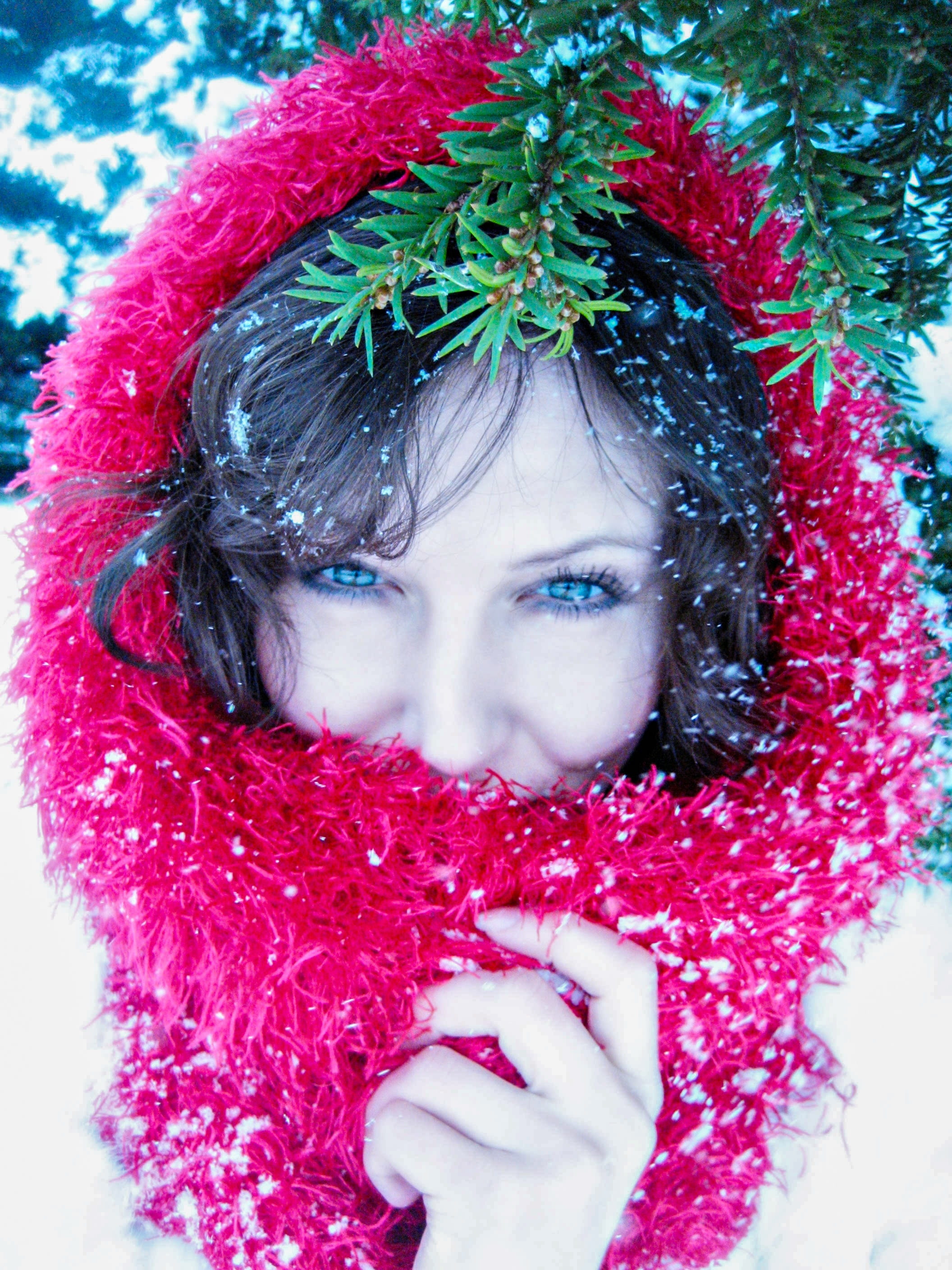 child, scarf, attractive, portrait, happy, tree, red, daytime, photo, lady in red, mistletoe, in the snow, s, real people, pine, hair, wonderland, green, Phone HD Wallpaper