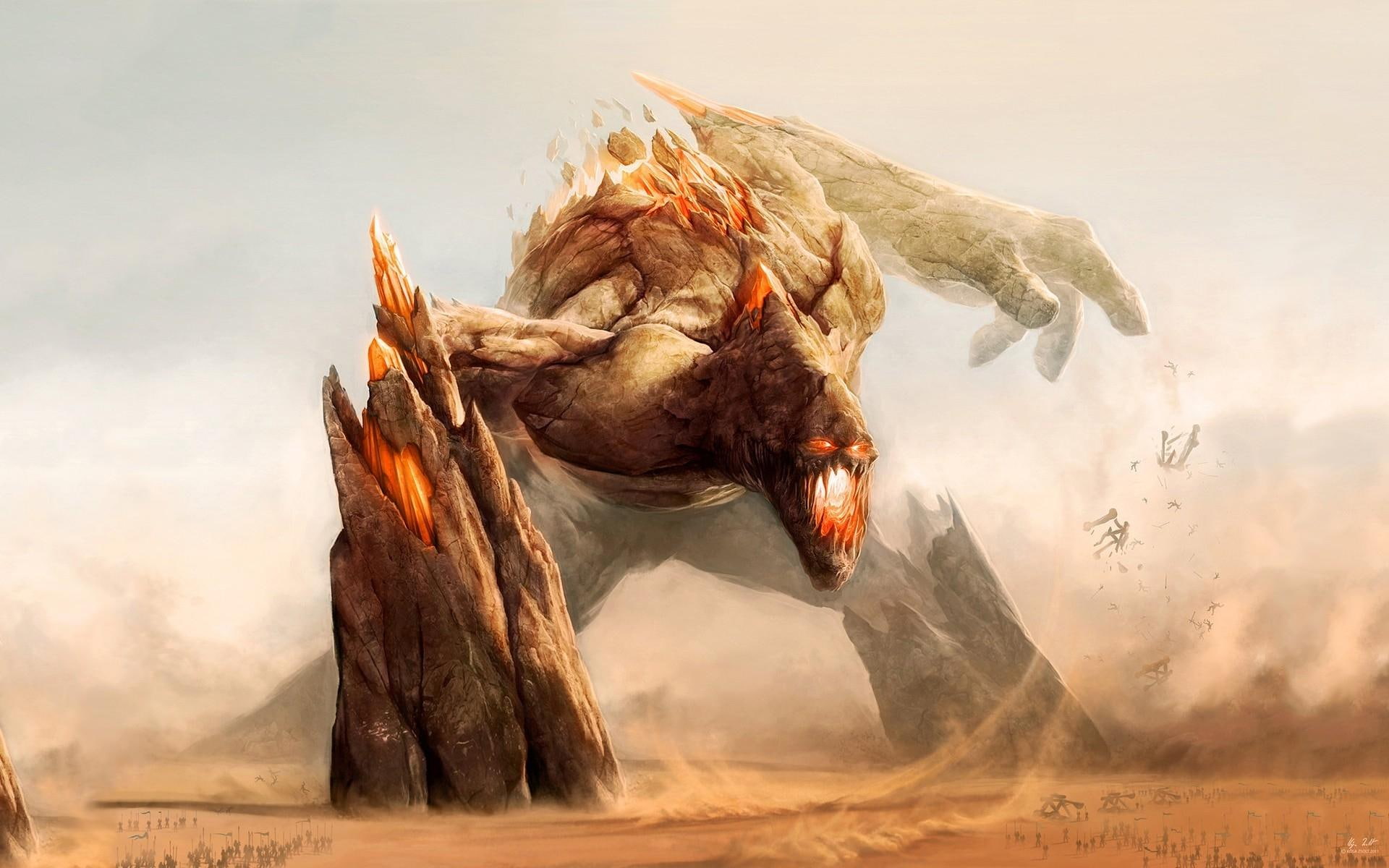 giant, fight, 3d and abstract, monsters, s, sand, 1080P, titan, fantasy, artwork, HD Wallpaper