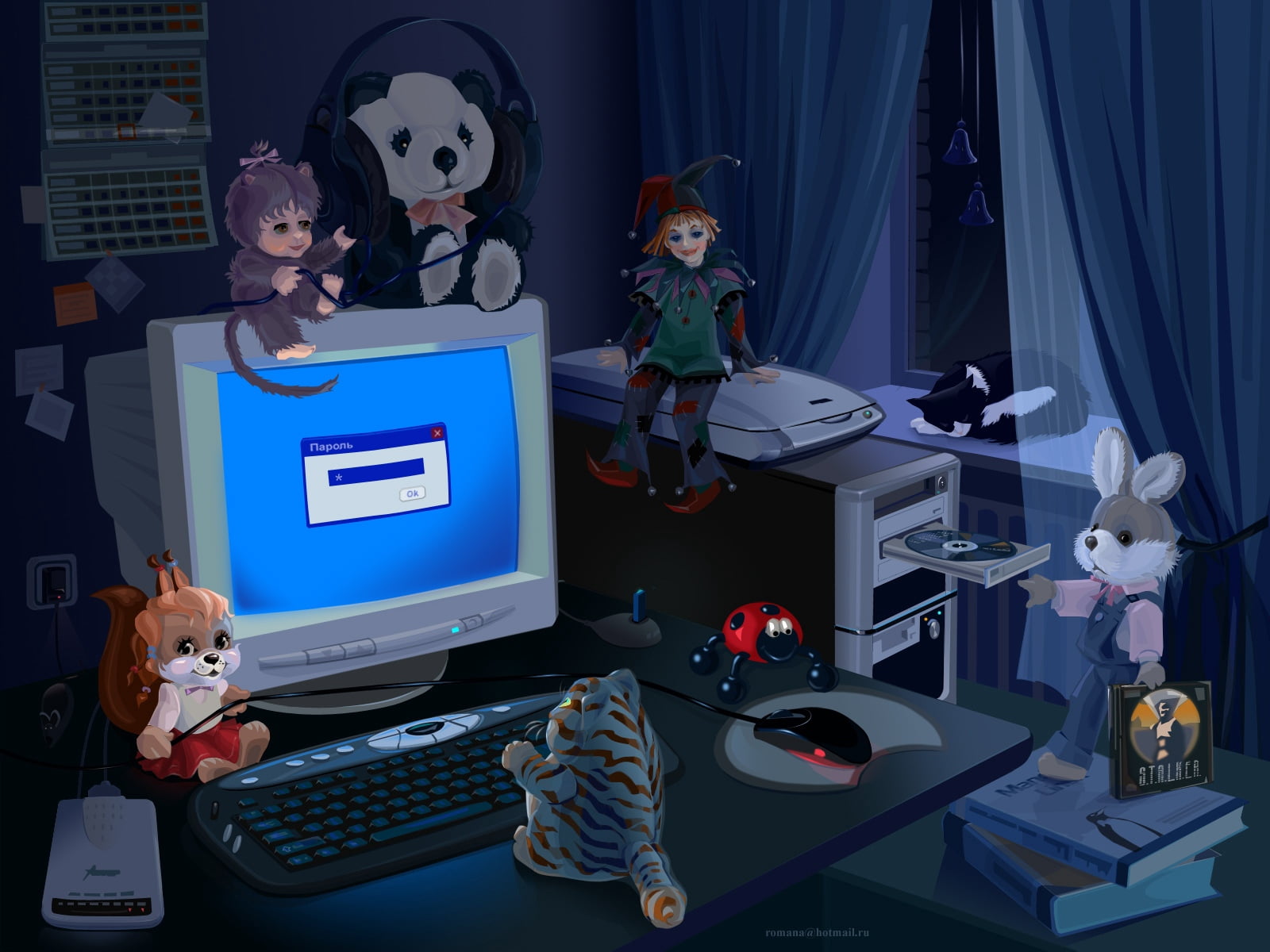 illuminated, women, drawing, home interior, technology, illustration, ceramic, people, night, wireless technology, computer Monitor, domestic Room, electric lamp, HD Wallpaper