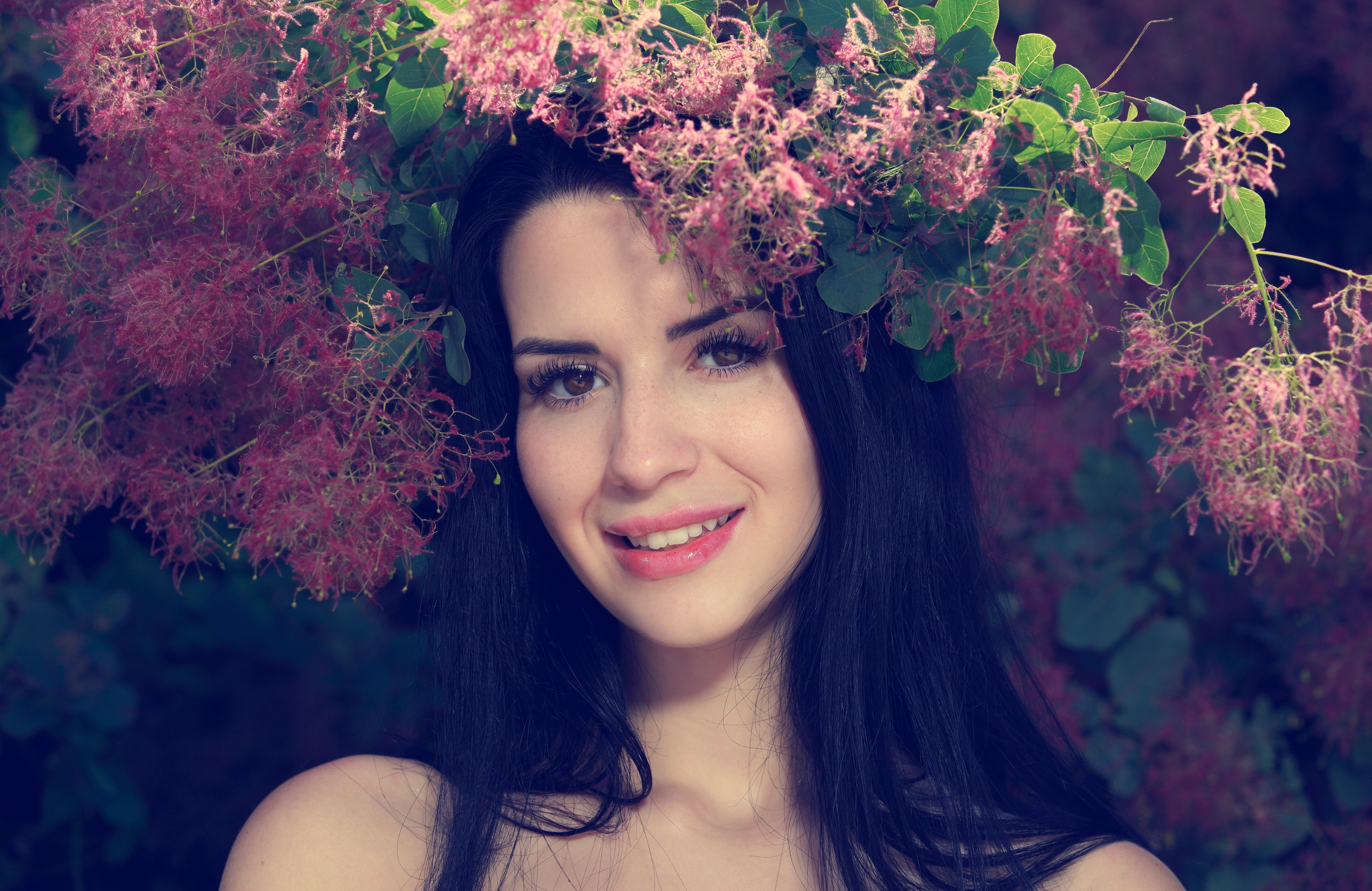women, brunette, Lola Marron, teen, brown eyes, 5K, flowers, HD Wallpaper