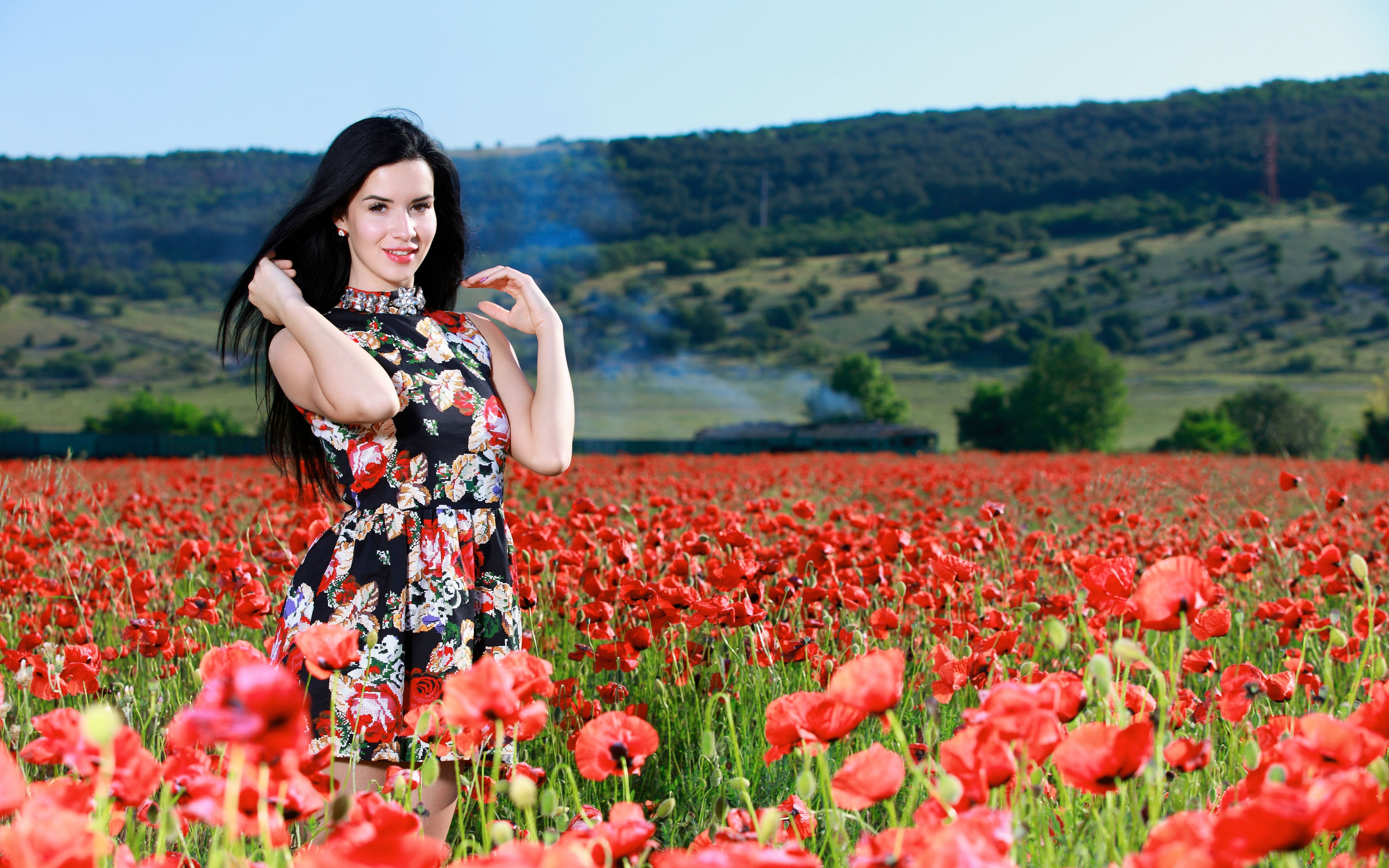 5K, flowers, Lola Marron, women, Poppies, Looking At Viewer, Women Outdoors, Black Hair, dress, HD Wallpaper