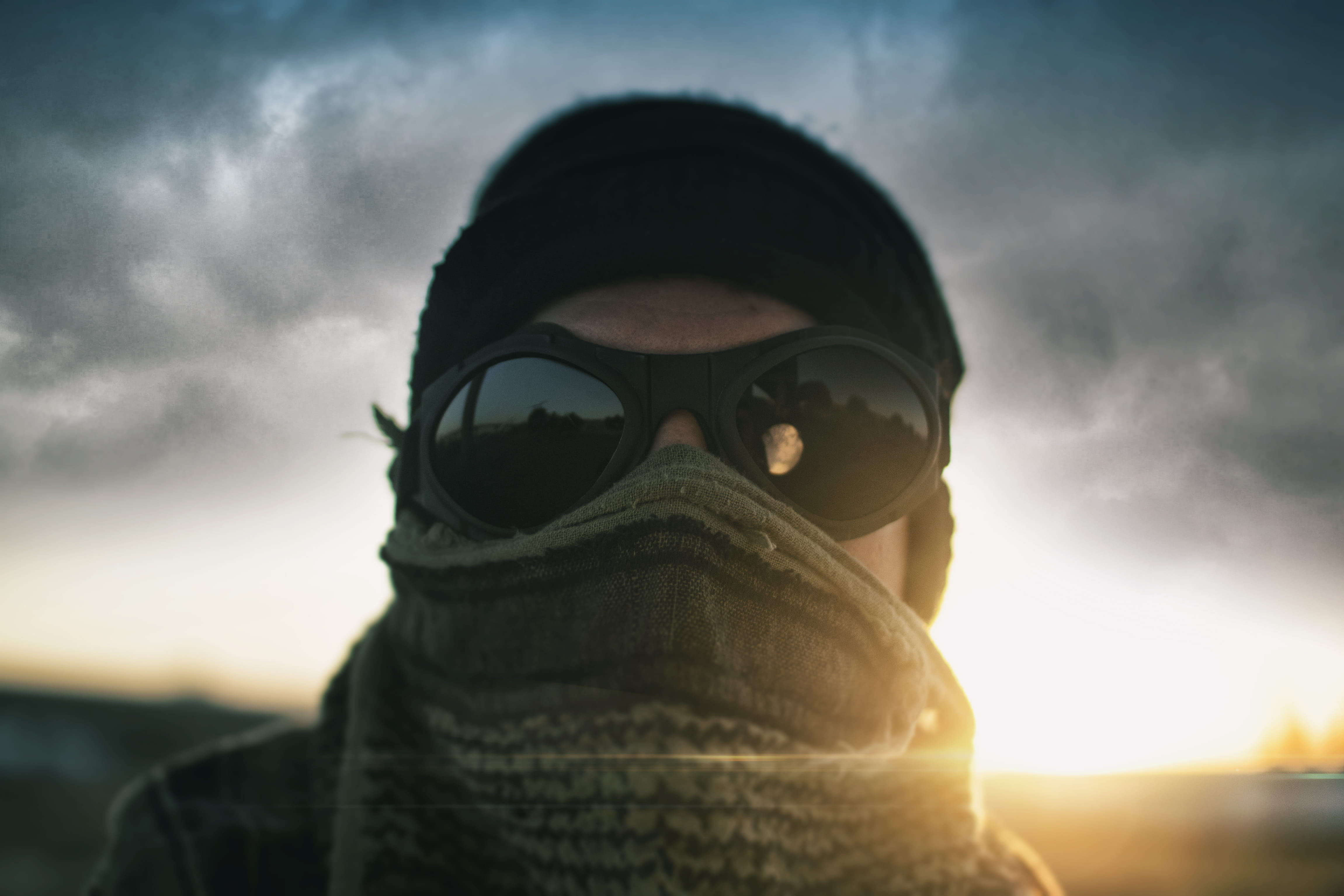 dystopian, cold, sky, close-up, sunlight, homeless, riddick, tactical, front view, beanie, one person, fashion, nature, glasses, masked, hood - clothing, HD Wallpaper