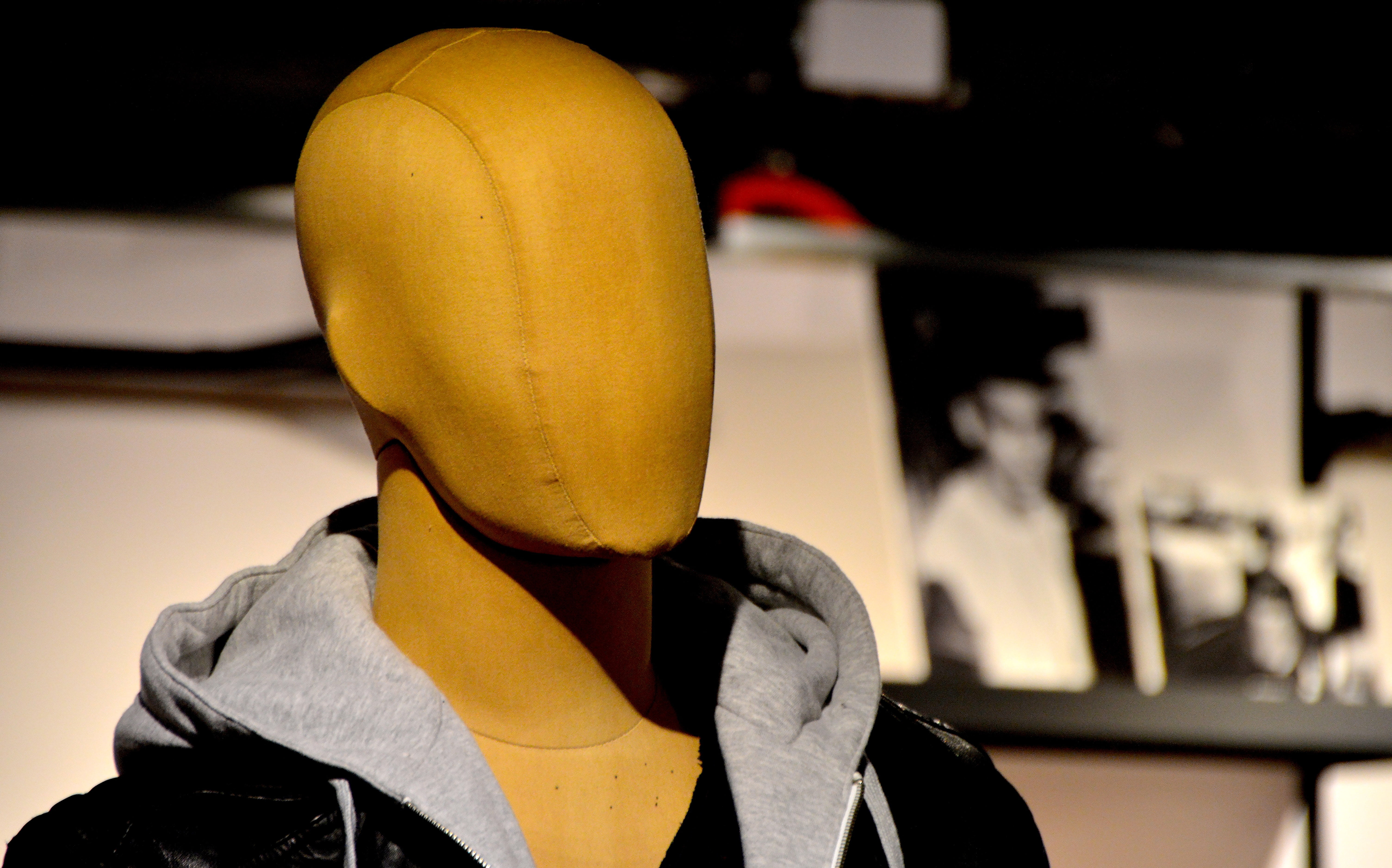 disguise, hat, focus on foreground, mask, occupation, clothing, shop design, helmet, indoors, yellow, dolls, display dummy, close-up, design, beauty, setup, HD Wallpaper