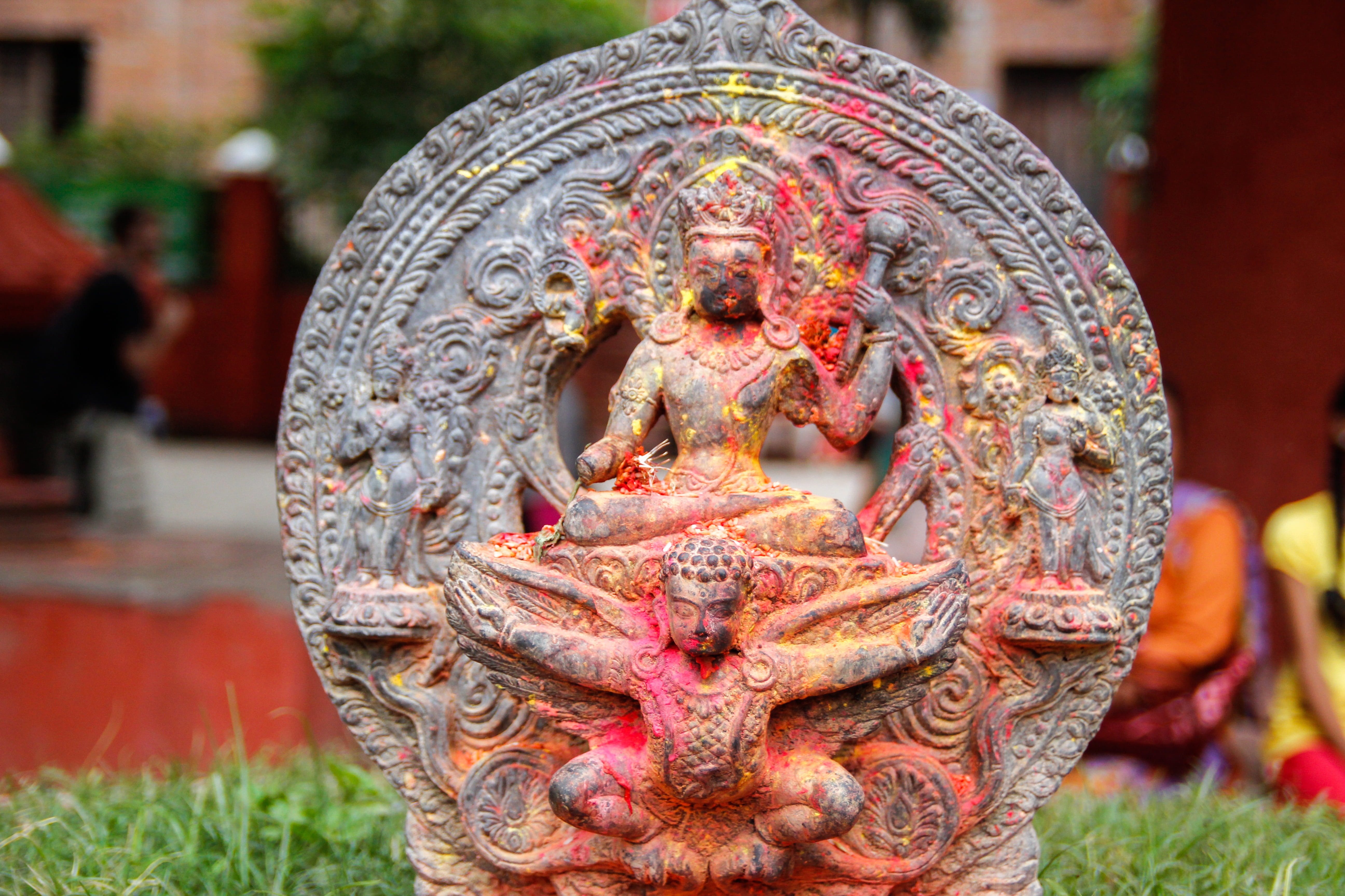 hindu temple, outdoors, ornate, close-up, art and craft, hinduism, old, tourism, asia, temple, color, kathmandu, human representation, art, spirituality, HD Wallpaper