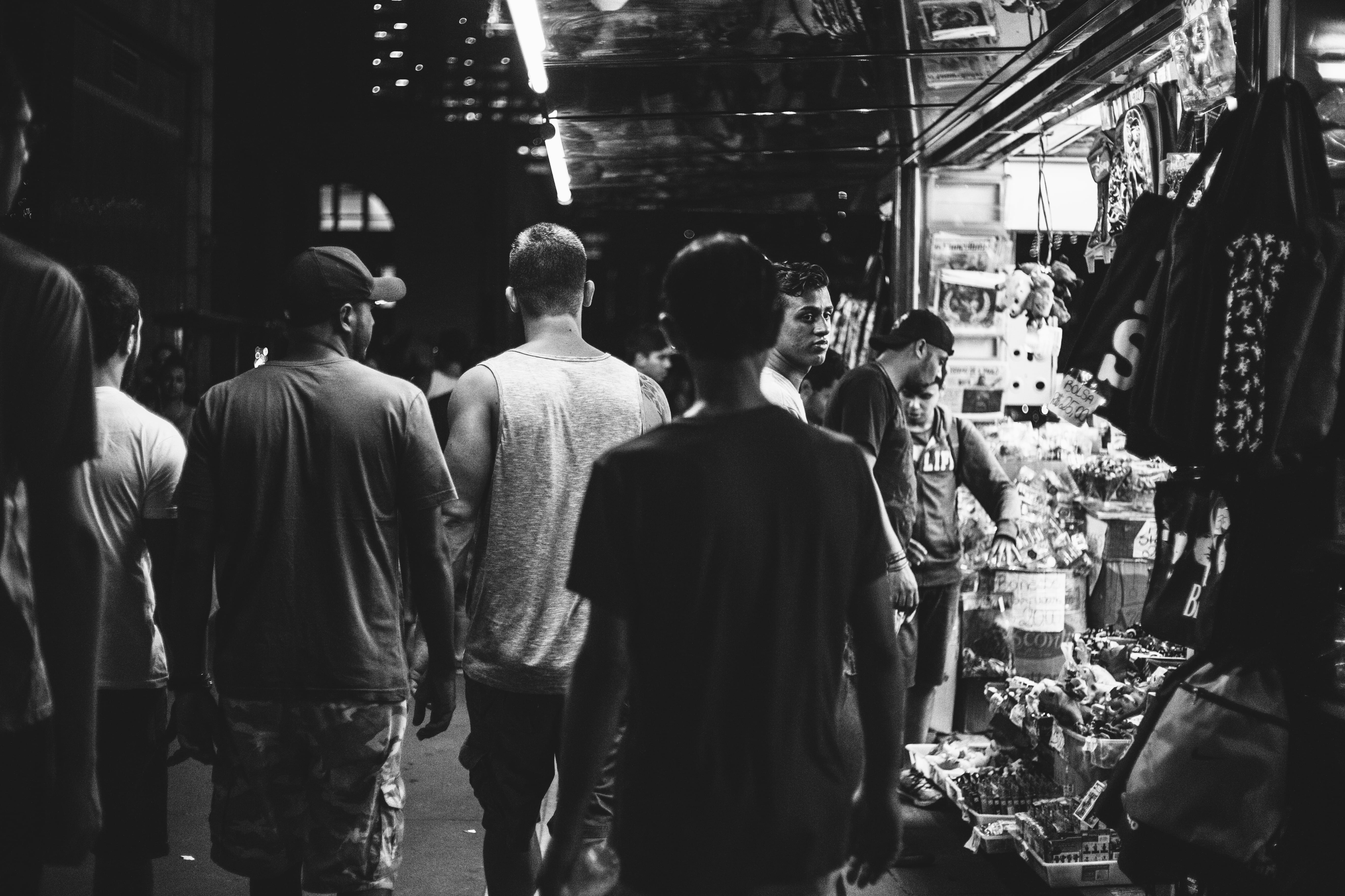 retail, sales, black, black-and-white, market, street market, crowd, people, gang, choice, adult, standing, city, real people, group, 5K, casual clothing, HD Wallpaper