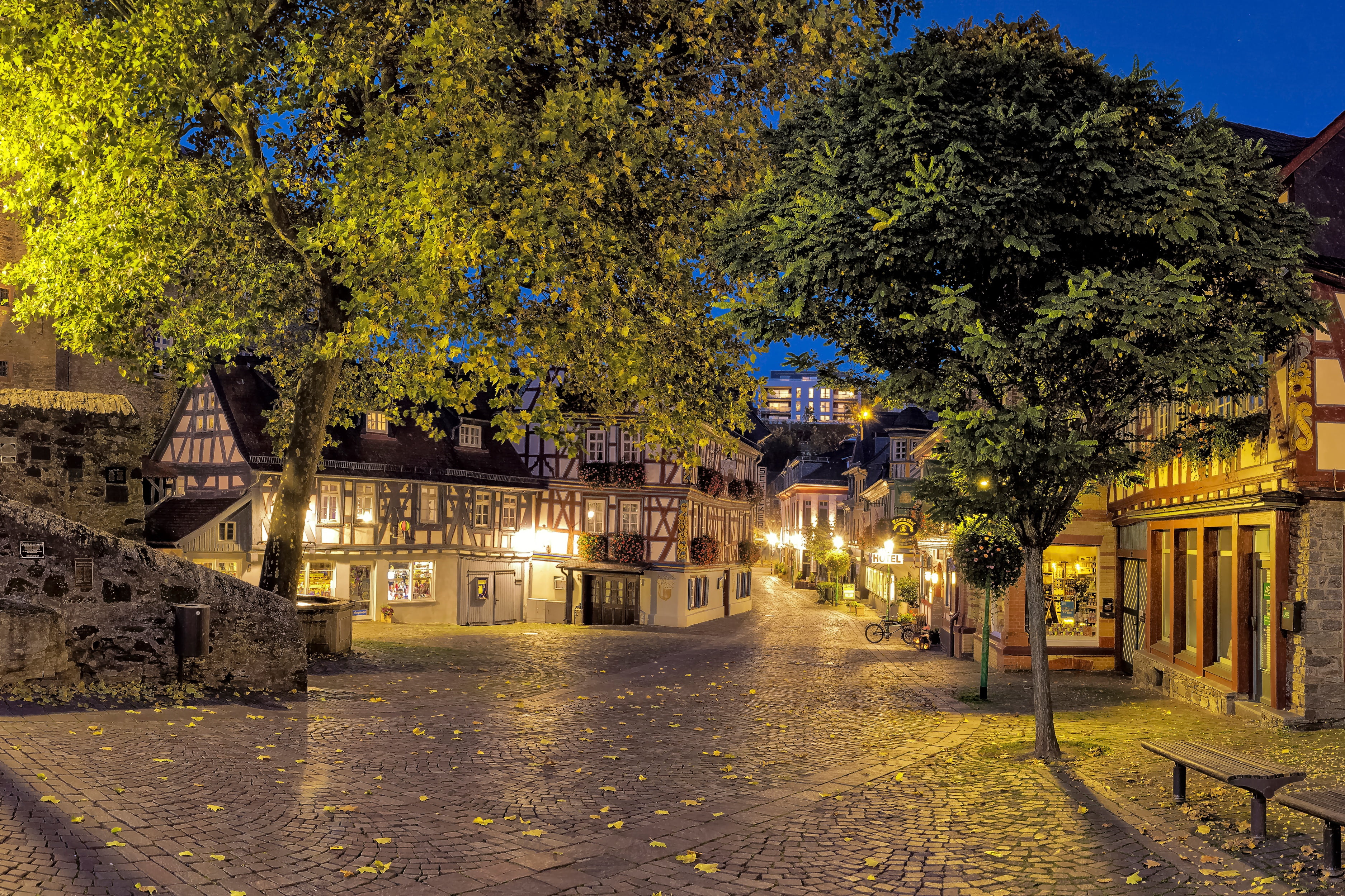 no people, Idstein, dusk, Hesse, illuminated, leaves, residential district, home, building exterior, outdoors, nature, architecture, street, Germany, footpath, HD Wallpaper