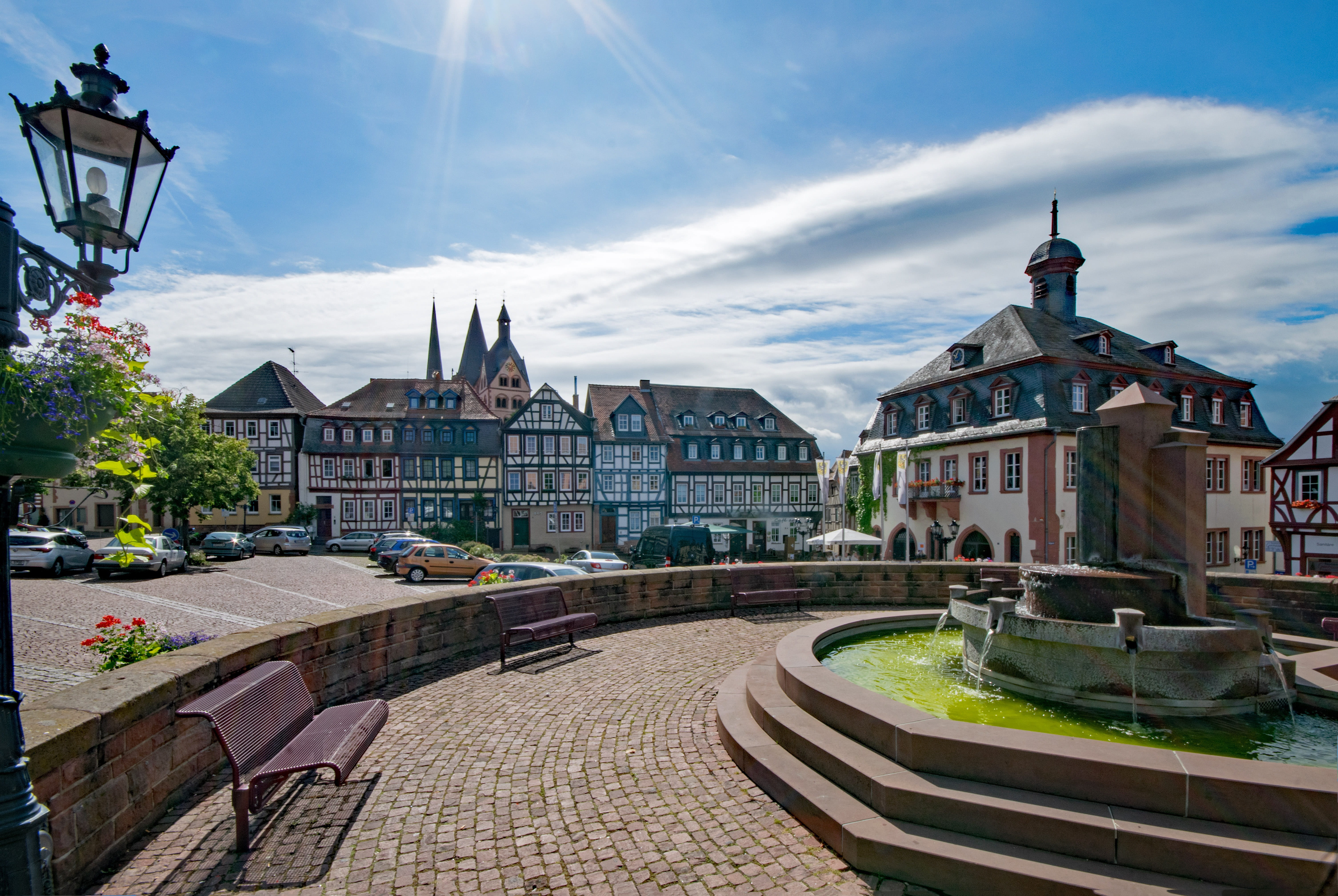 cars, nature, spire, building exterior, travel destinations, culture, the past, Gelnhausen, the upper square, fountain, germany, parked, Square, cloud - sky, HD Wallpaper