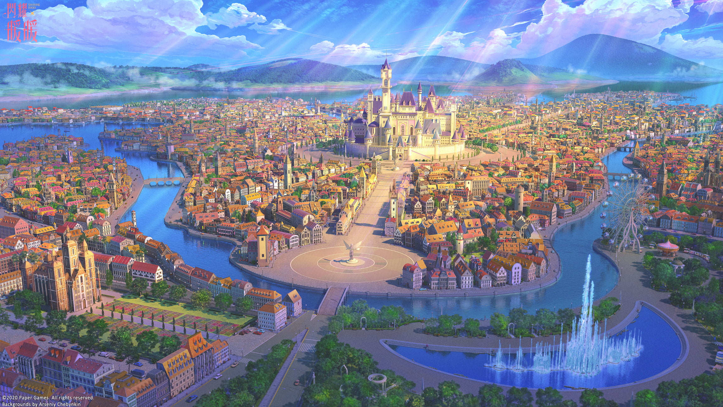 sunlight, hill, tower, outdoors, Paper Games, Shining Nikki, cityscape, fountain, building, lights, Sun, 1080P, ferris wheel, bridge, Capital City Nine, HD Wallpaper