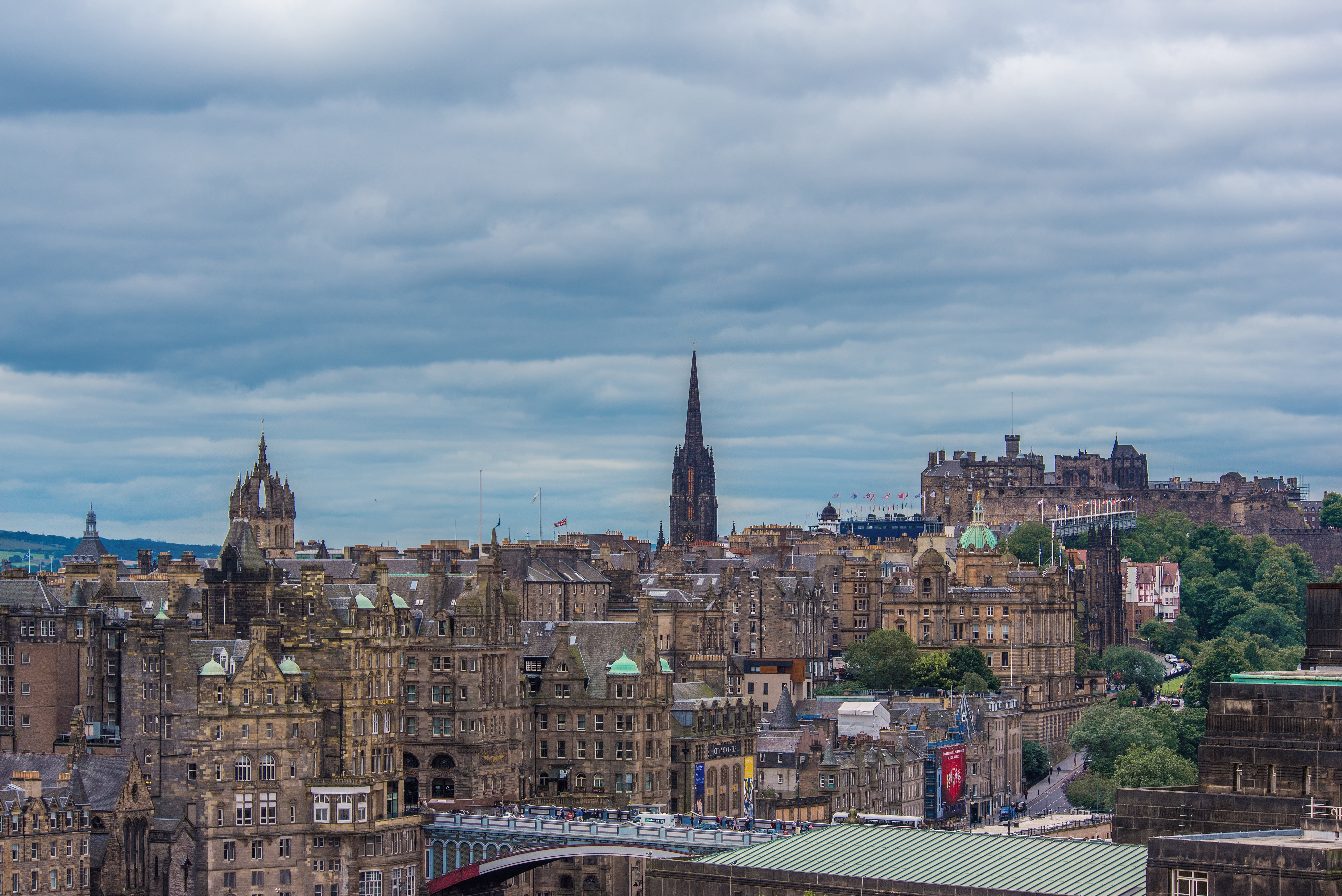 no people, picturesque, religion, hill, the past, edinburgh city view, outdoors, historically, spire, view, road, tourism, capital, residential district, HD Wallpaper