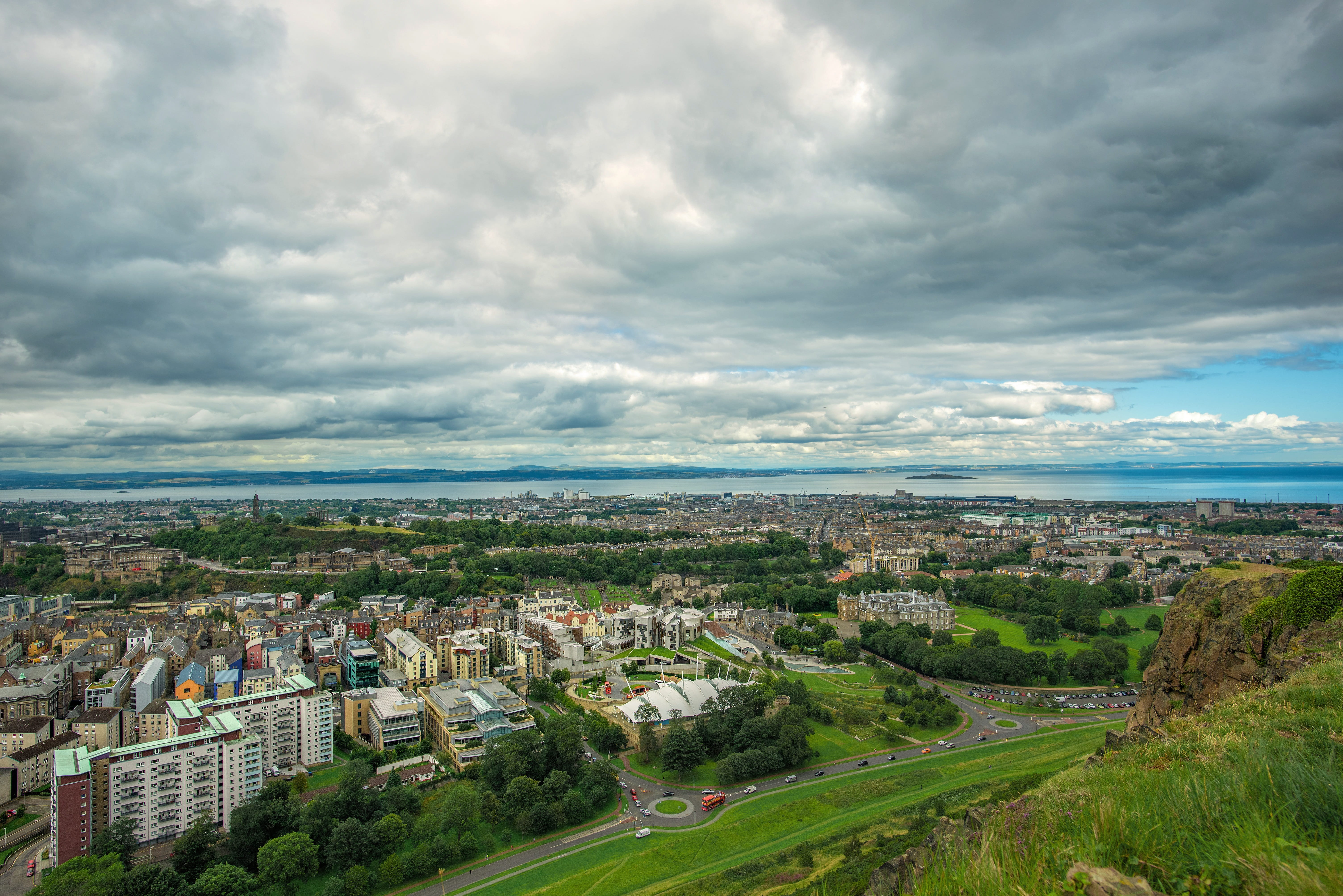 architecture, building, sea, plant, no people, Holyrood Park, panorama, holyrood, built structure, skyline, historically, landscape, outdoors, holyrood park in edinburgh, HD Wallpaper