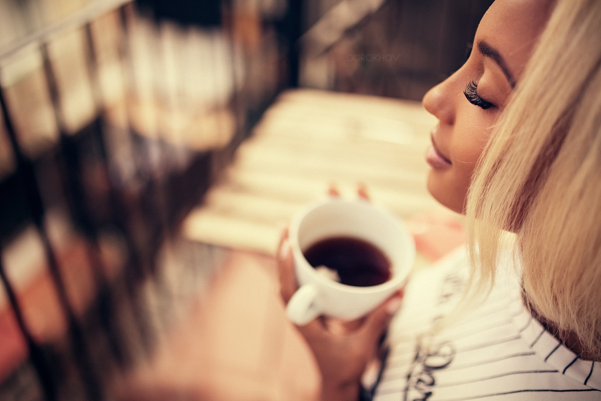 Ivan Gorokhov, face, 1080P, depth of field, blonde, cup, tea, women, HD Wallpaper