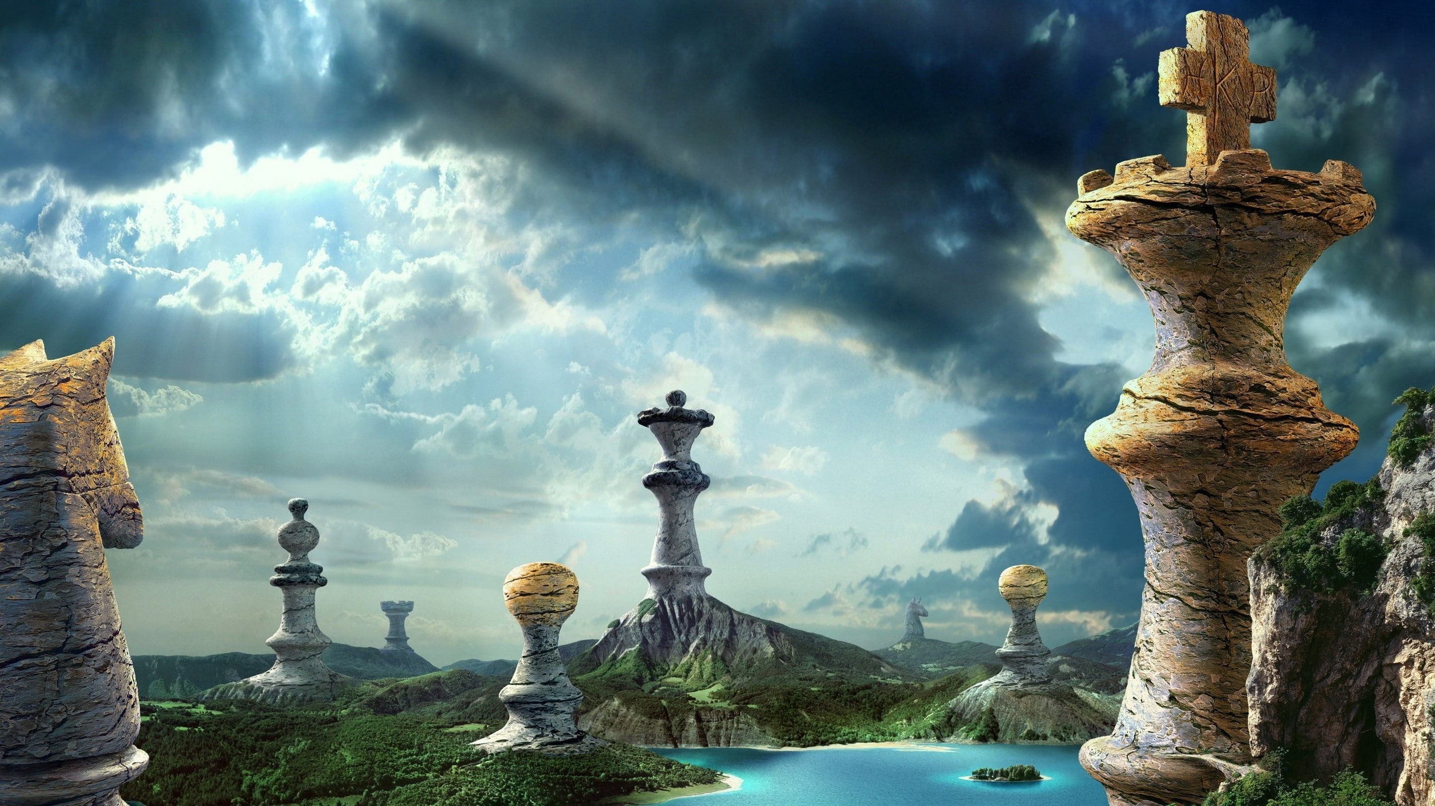 religion, spirituality, nature, tree, no people, 2K, sky, rock - object, dramatic sky, scenics - nature, cloud - sky, tranquility, digital art fantasy art clouds nature landscape chess pawns king queen horse hill rock water island sunlight trees, HD Wallpaper