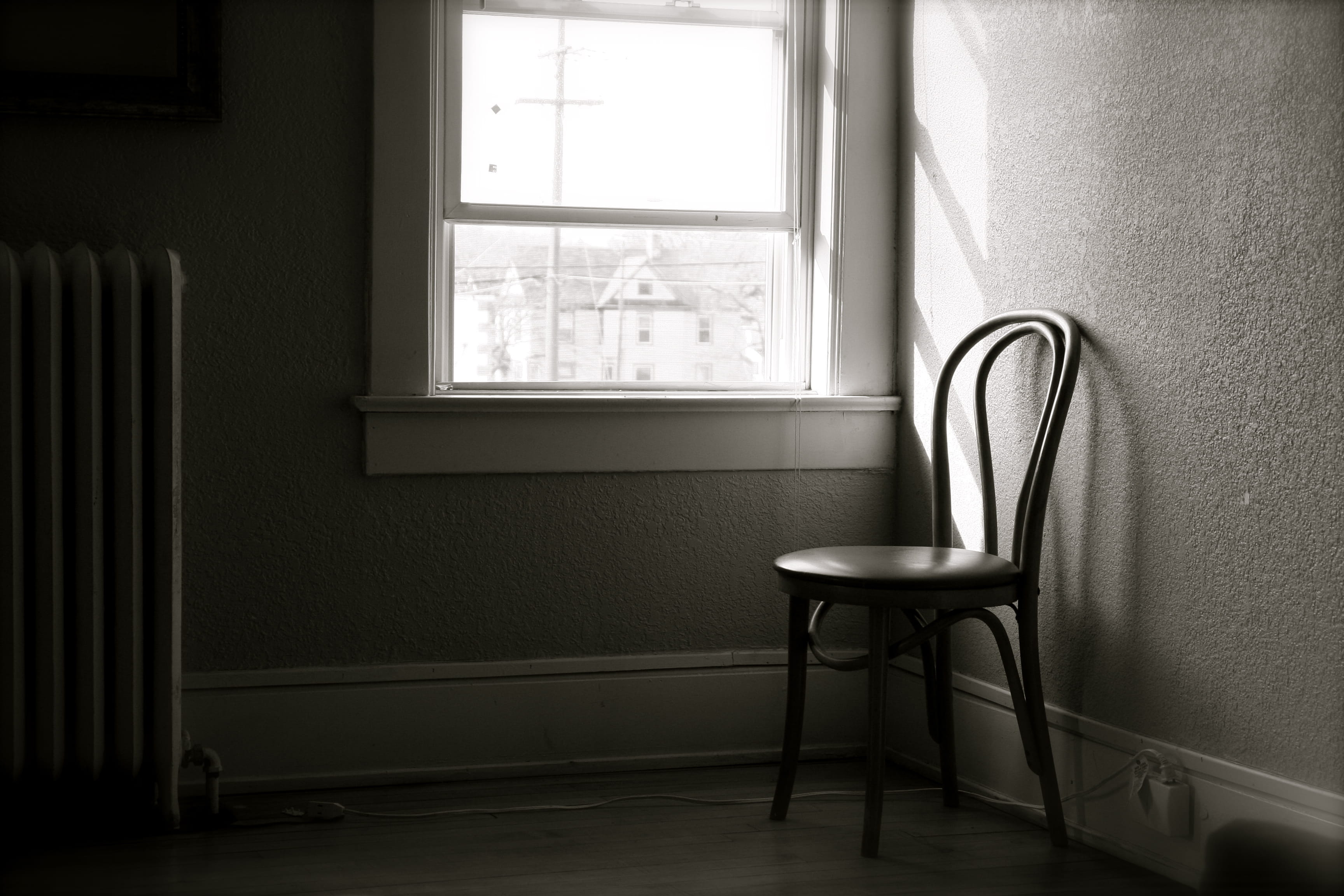 indoors, 2K, depressed, window, curtain, no people, glass - material, corner, empty, transparent, hopeless, seat, rockford, wood - material, lonely, flooring, HD Wallpaper