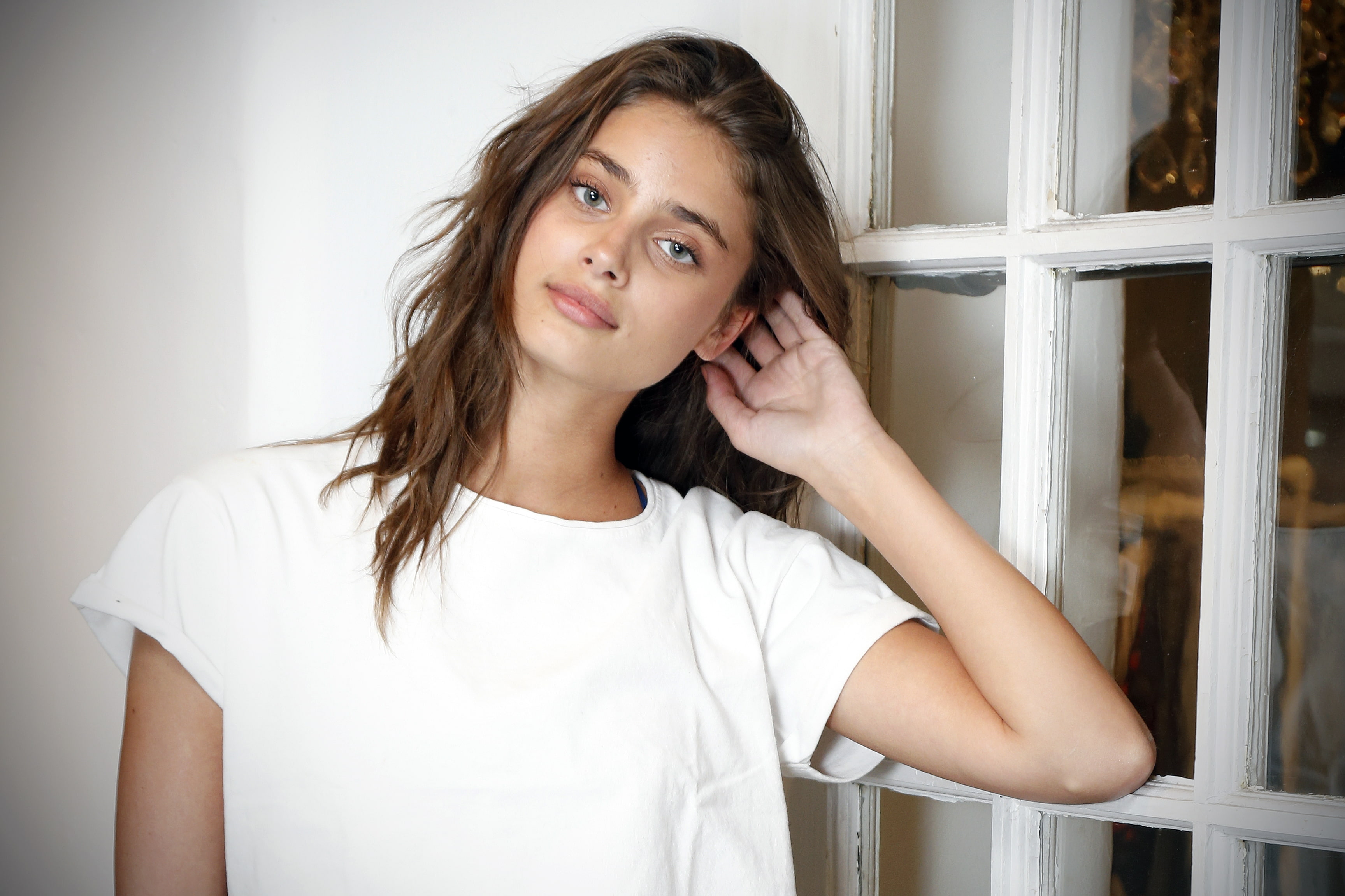 taylor hill, brunette, model, blue eyes, teenager, hair, looking, contemplation, beauty, white color, one person, brown hair, casual clothing, hairstyle, HD Wallpaper