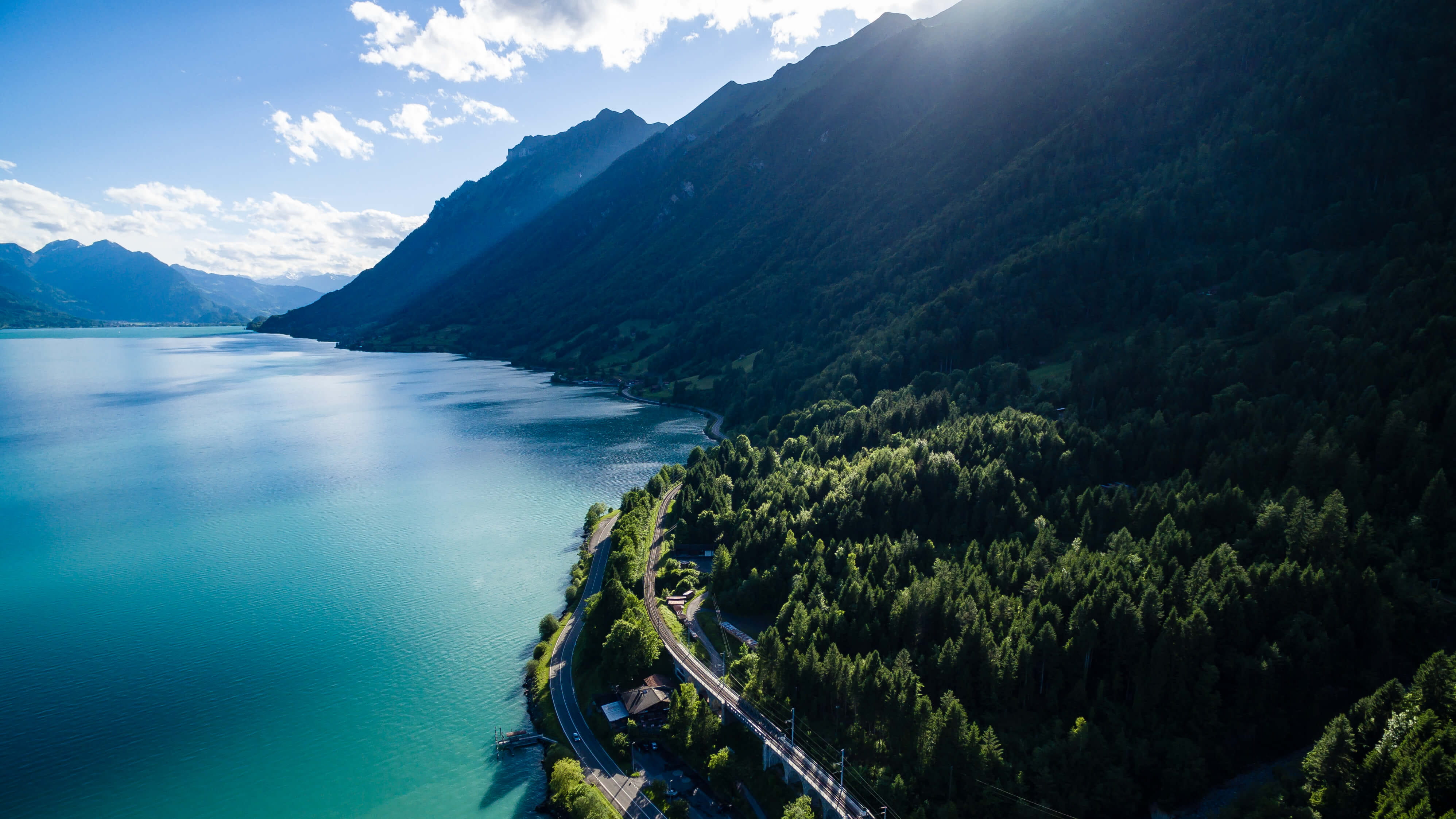 mountain, water, turquoise colored, body, travel, scenics - nature, sky, sunny, 4K, mountain forest hill side, cloud - sky, ride, travel destinations, HD Wallpaper