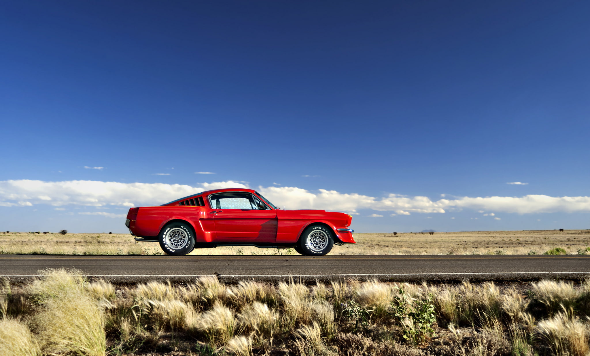 clouds, solar, 1080P, Ford, side, field, road, hills, Mustang, 1965, wheel, the sky, horizon, grass, HD Wallpaper