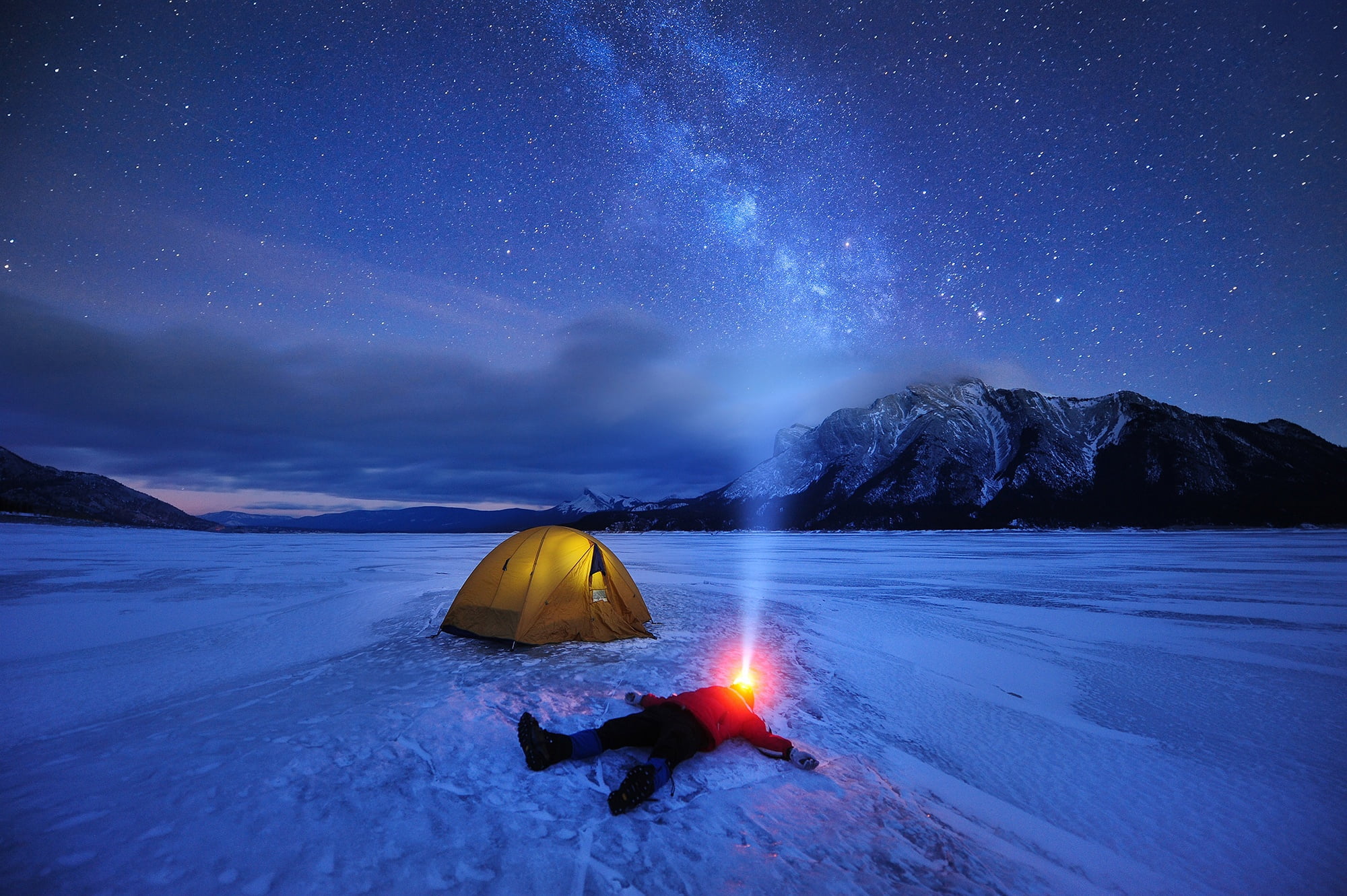 stars, beauty in nature, flame, astronomy, night, fire, tent, light, the sky, jacket, 1080P, star - space, lake, sky, men, snow, adventure, ice, the milky way, HD Wallpaper