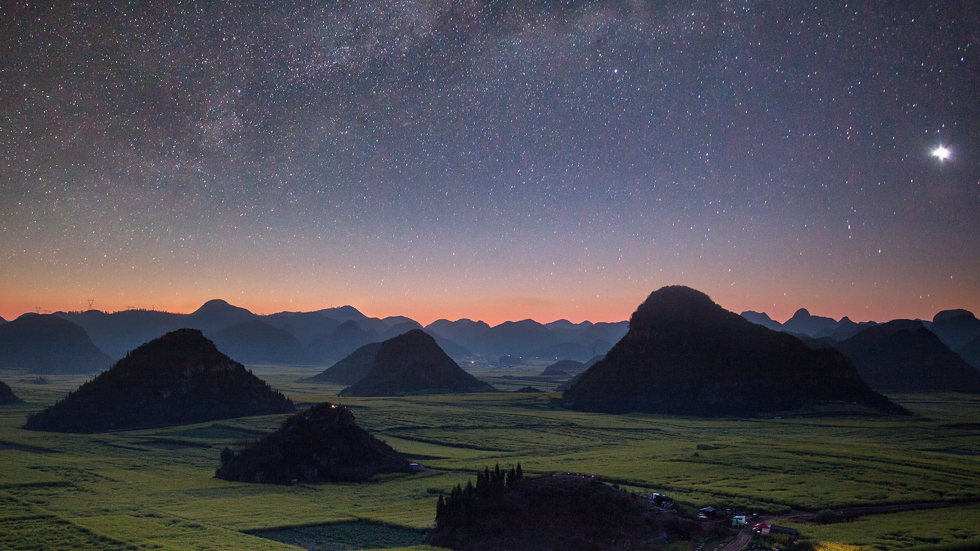 idyllic, night, galaxy, mountain range, milky way, tranquility, green, astronomy, trees, mountain, environment, leafed, sky, mountain peak, star - space, HD Wallpaper