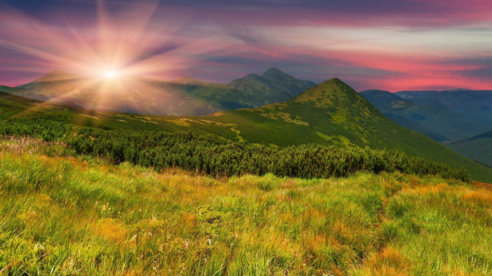 sunset, beauty in nature, tranquil scene, 1080P, scenics - nature, bright, mountain range, mountain peak, tranquility, environment, landscape, hd  desktop nature images wide screen 1920x1080, HD Wallpaper