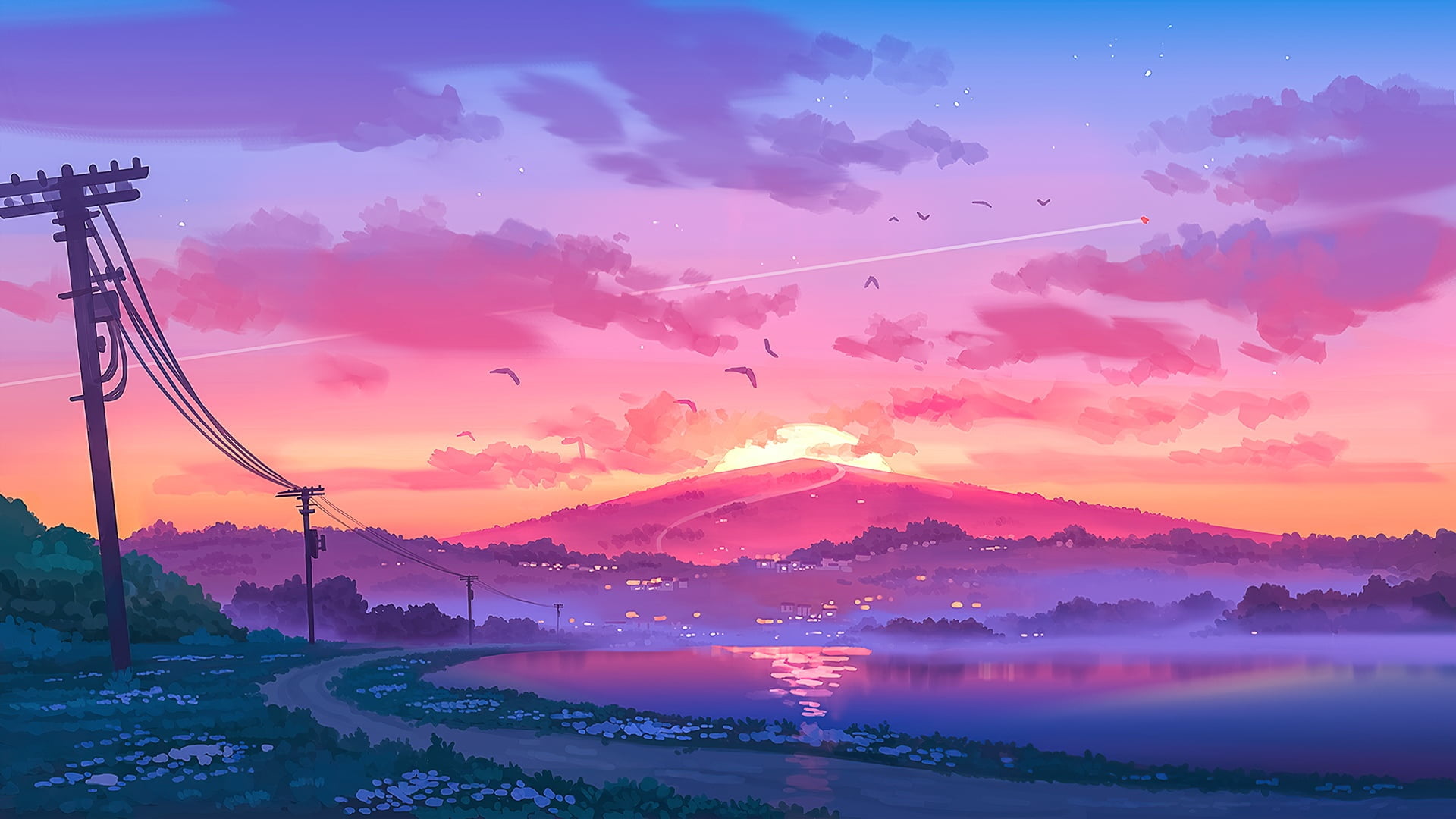 sunset, pink clouds, silence, 1080P, posts, wire, birds in the sky, the river, mountain, the road into the distance, Denis Istomin, fog in the evening, HD Wallpaper