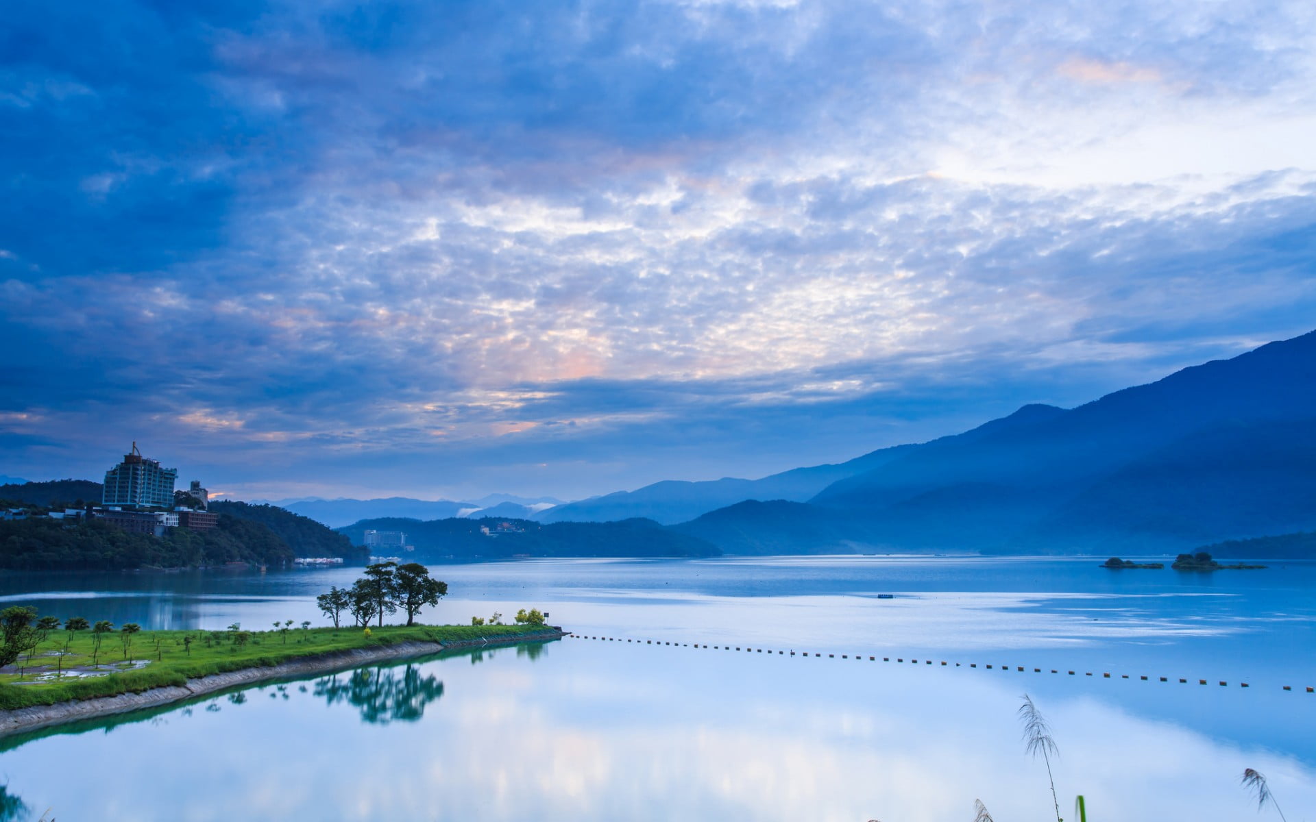 mountain, 1080P, dusk, reflection, sky, tranquility, river, nantou, cloud - sky, Nature, landscape, green, no people, Scenery, built structure, beauty in nature, HD Wallpaper