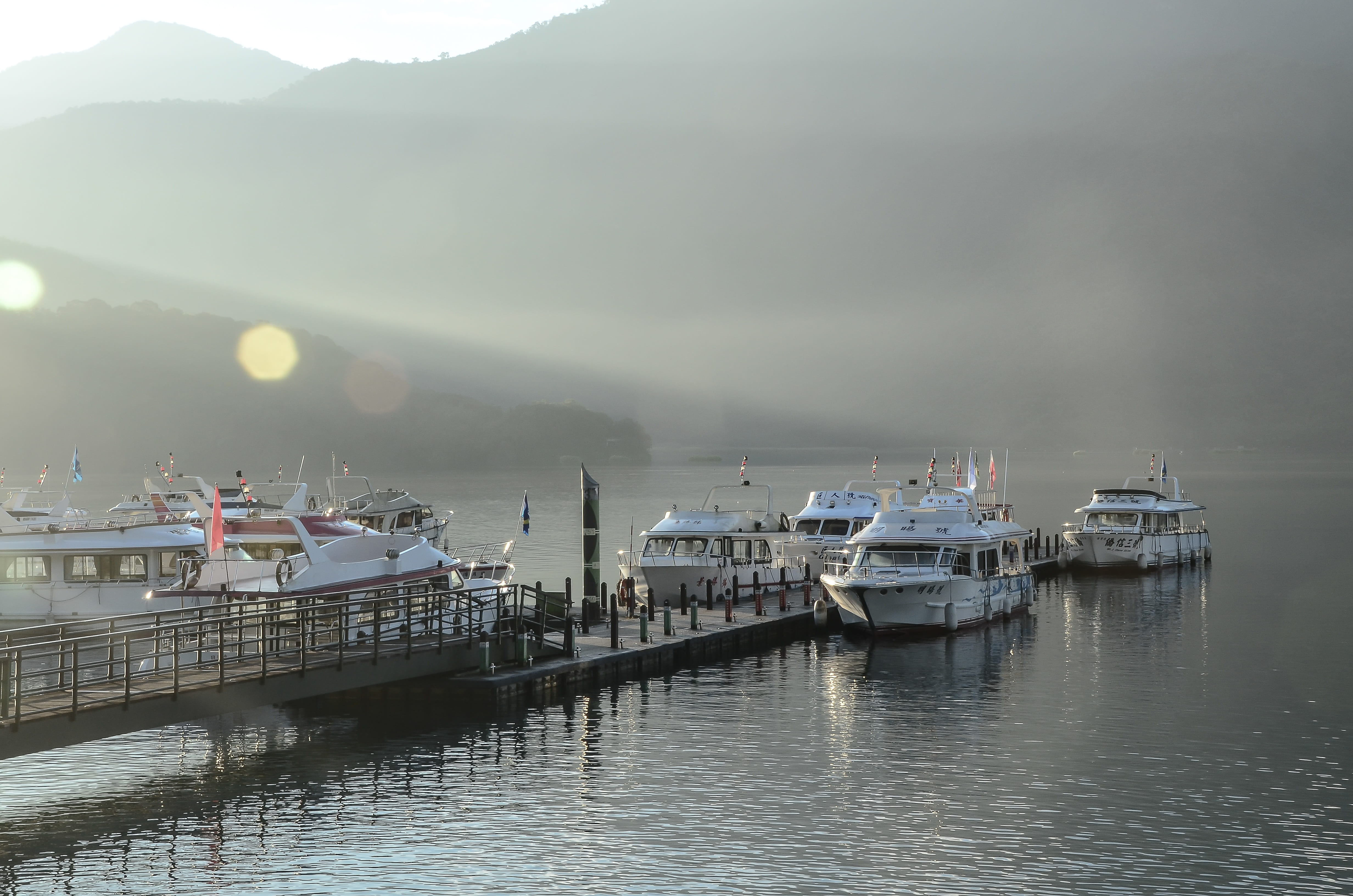 ship, yacht, sky, mode of transport, chaomu harbour, sunrise, water, pier, nautical Vessel, architecture, no people, outdoors, Nantou, fog, wooden post, HD Wallpaper
