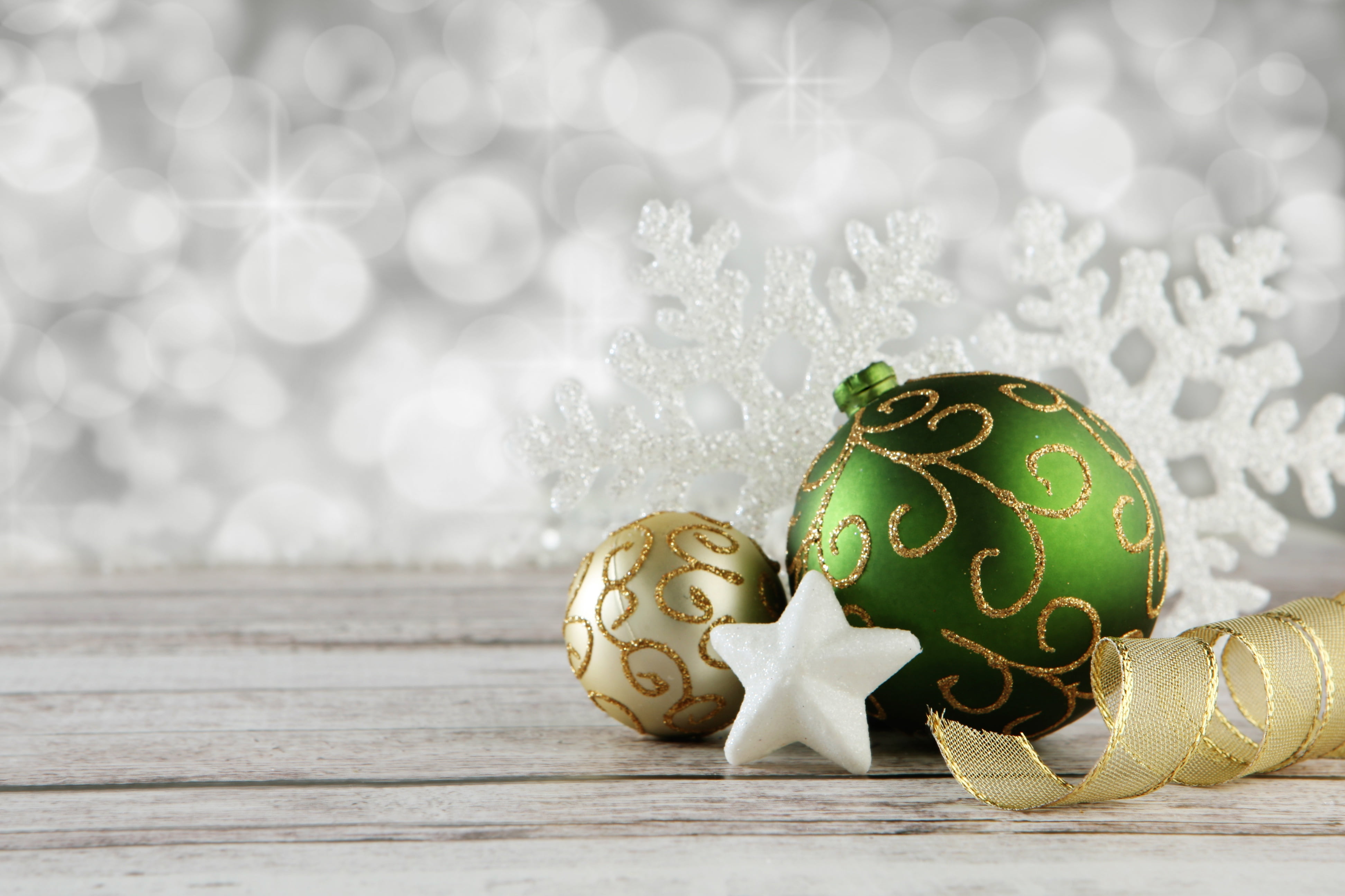 indoors, new year, baubles, no people, tape, star, gold, snowflake, christmas, christmas ornament, green, close-up, gold colored, egg, 4K, focus on foreground, HD Wallpaper
