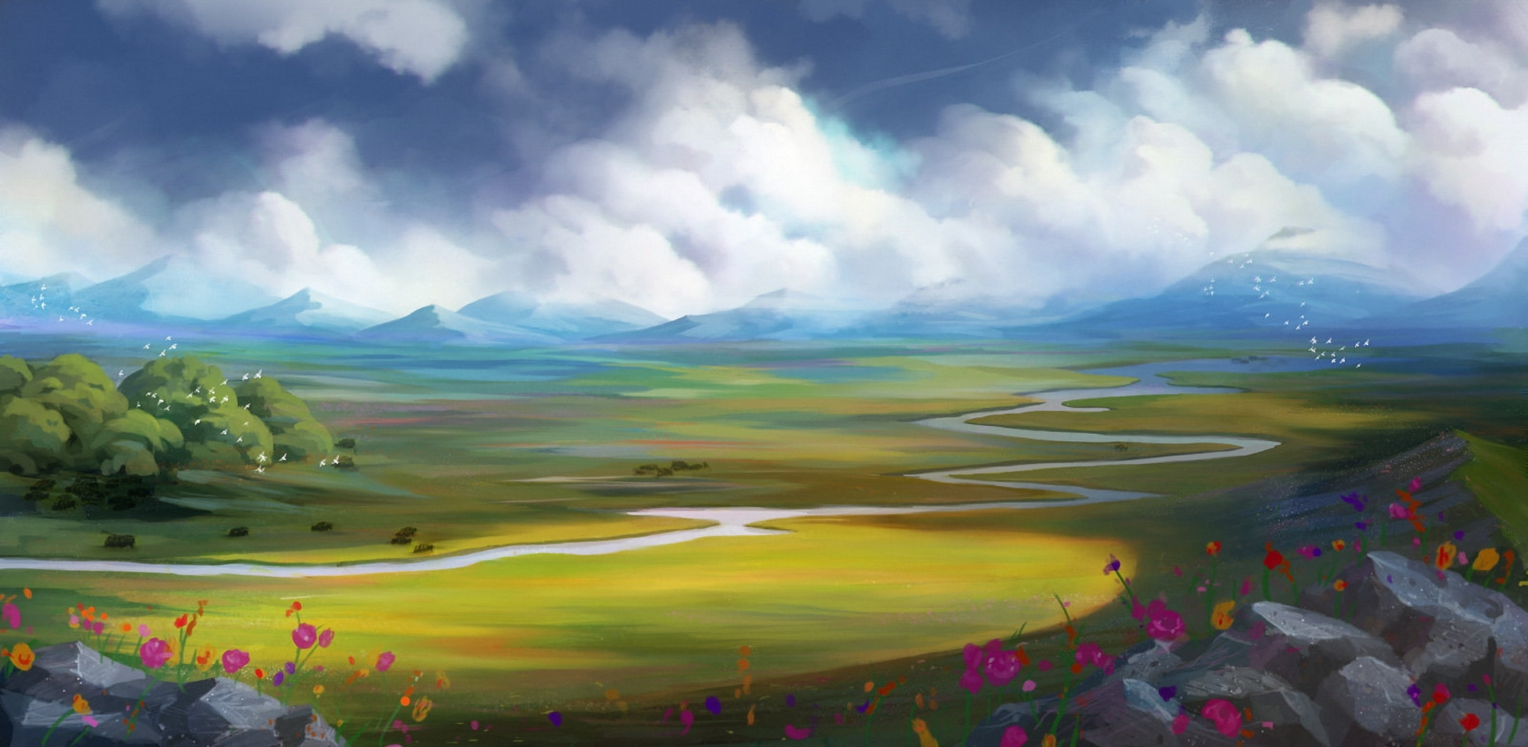 grassland, art, 1080P, beauty in nature, painted landscape, nature, leisure activity, travel destinations, birds, flowers, outdoors, non-urban scene, cloud - sky, HD Wallpaper