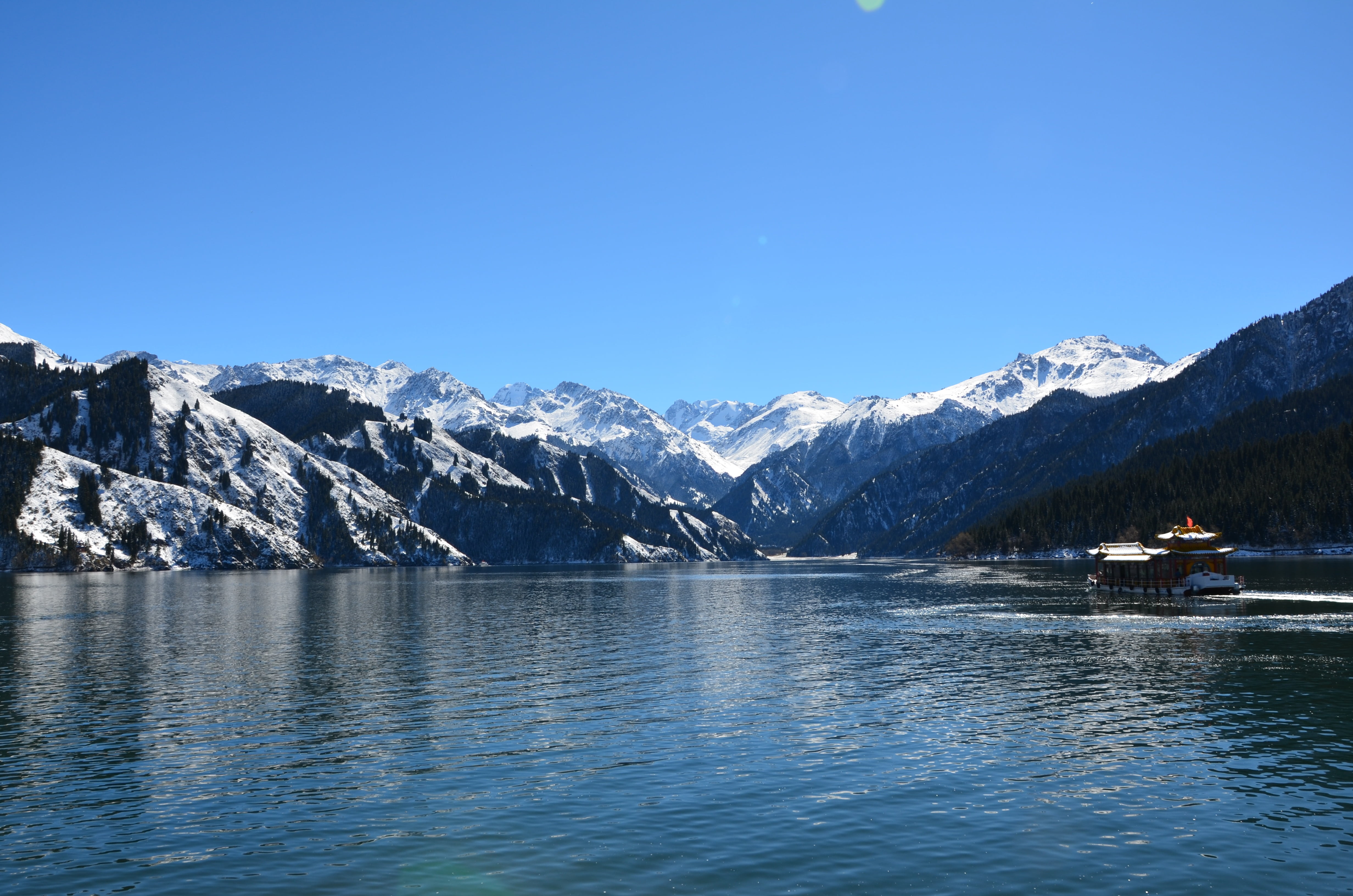water, tianshan, tranquil scene, 4K, tranquility, mountain, lake, snowcapped mountain, nature, in xinjiang, beauty in nature, blue, winter, cold temperature, HD Wallpaper