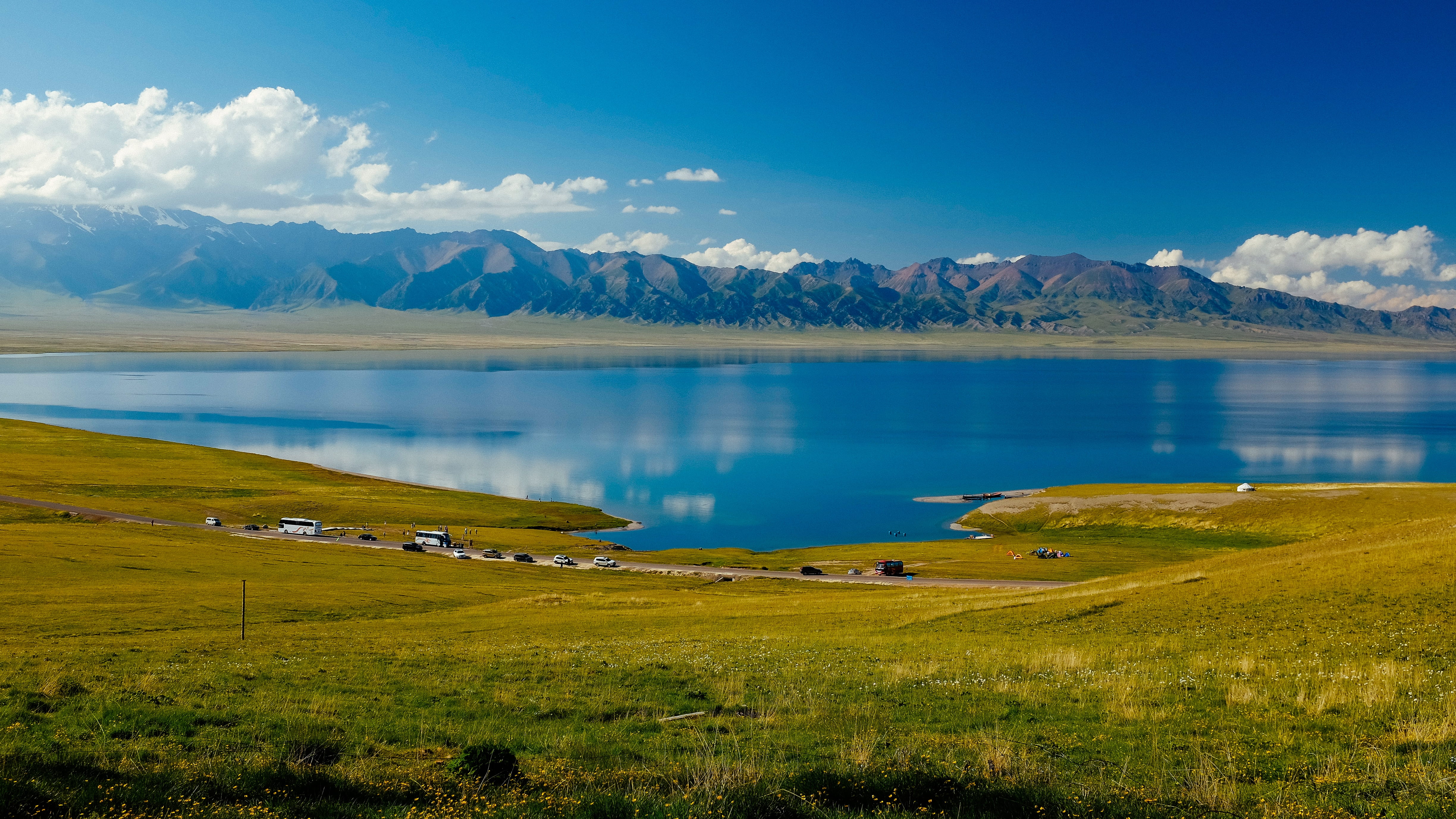 beauty in nature, plant, race the lake, mountain, snowcapped mountain, wild flowers, grass, 4K, sky, tranquil scene, lake, in xinjiang, environment, water, HD Wallpaper