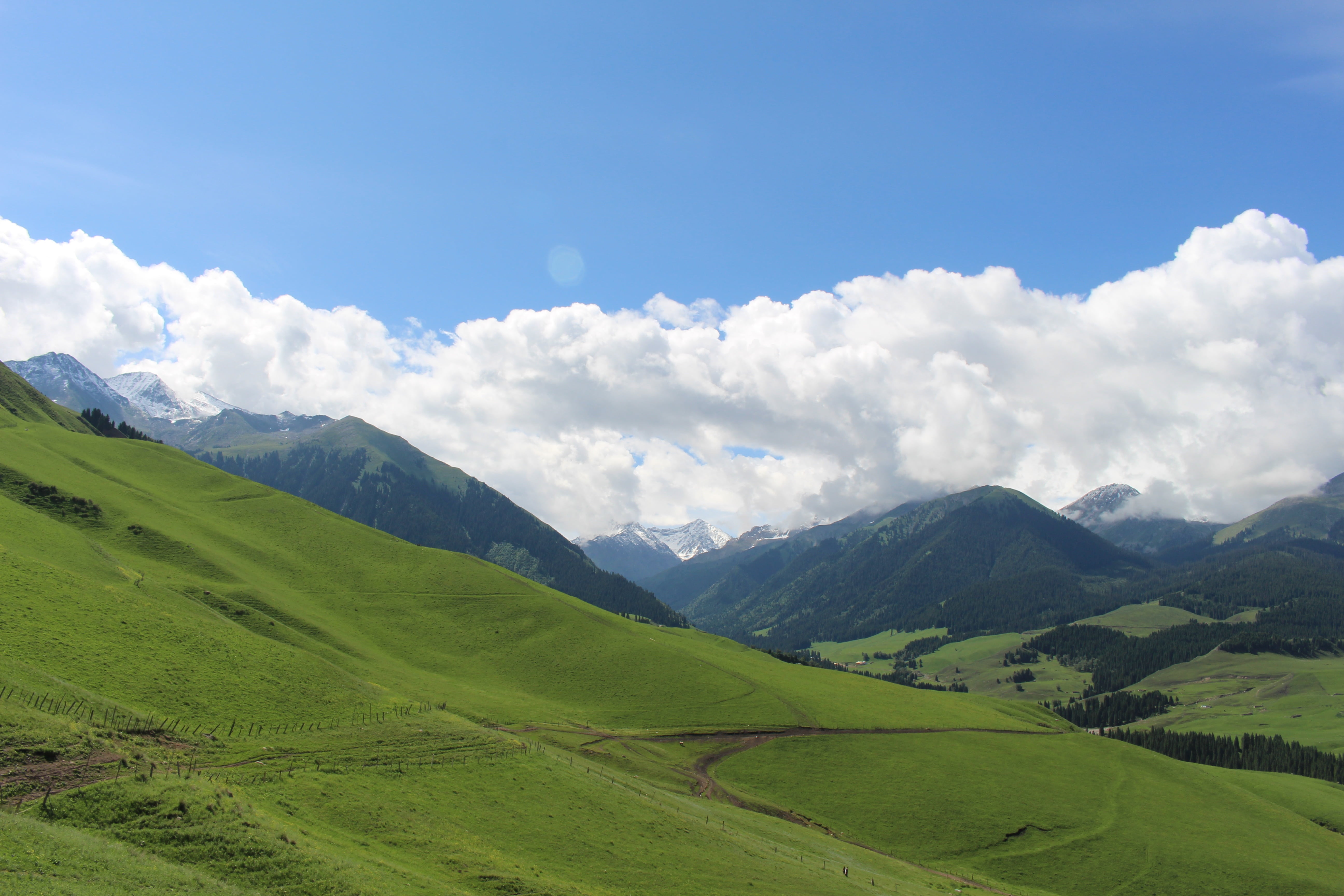 mountain range, mountain, 5K, mountain peak, cloud - sky, nature, prairie, valley, landscape, grass, blue, sky, land, the scenery, environment, in xinjiang, HD Wallpaper